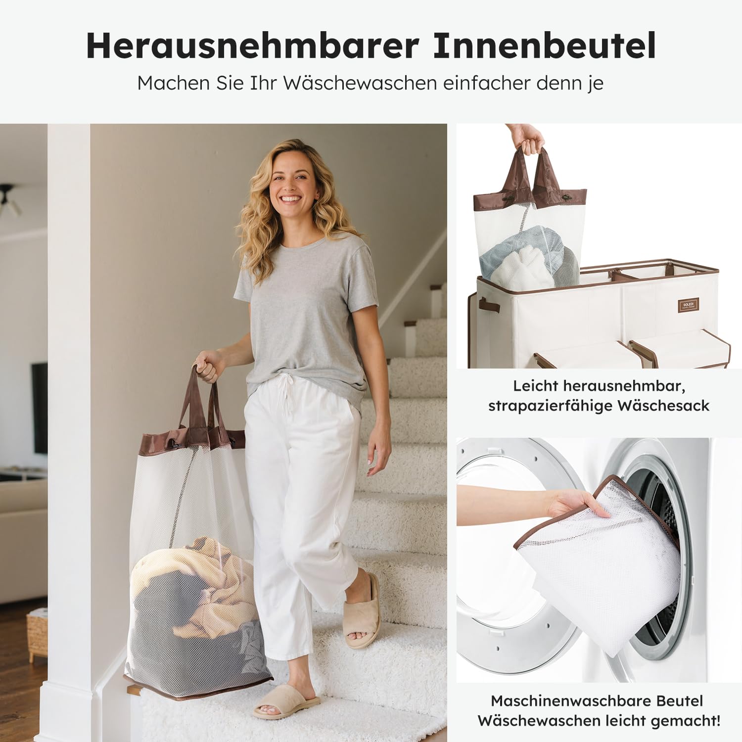 SOLEDI 220L Wäschekorb mit Deckel, Wäschesammler 3 Fächer mit 2 Seitentaschen, Laundr Baskets mit 3 Wäschesack, Wäschesortierer Groß XXXL für Badezimmer, Schlafzimmer, Waschküche