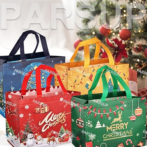 Miniatura 6 de PARSUP 16 bolsas de regalo de Navidad, bolsas de Navidad con asas, bolsas de regalo de Navidad, bolsas de Navidad multifuncionales no tejidas para
