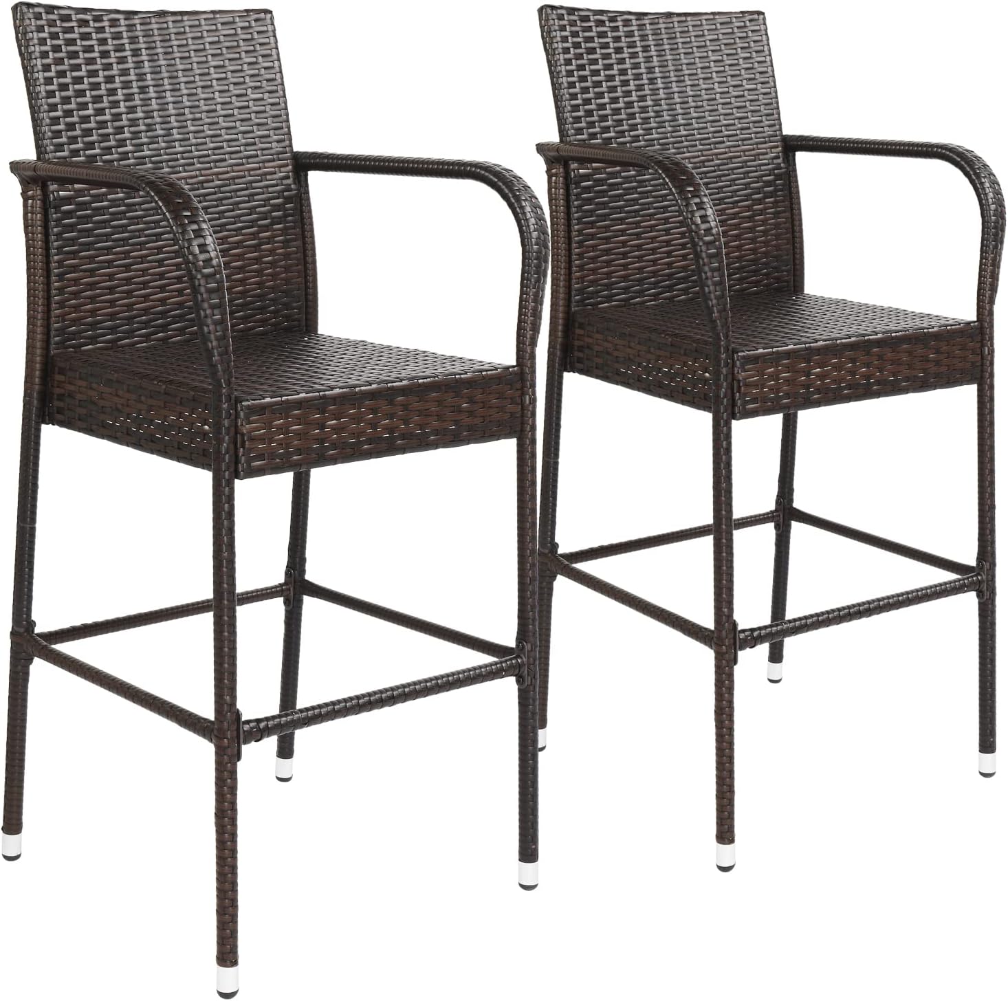 2pcs High Bar Chair Brown Gradient,Upgraded Wicker Bar Stool Chairs Outdoor Backyard Rattan Chair w/Iron Frame, Armrest and Footrest