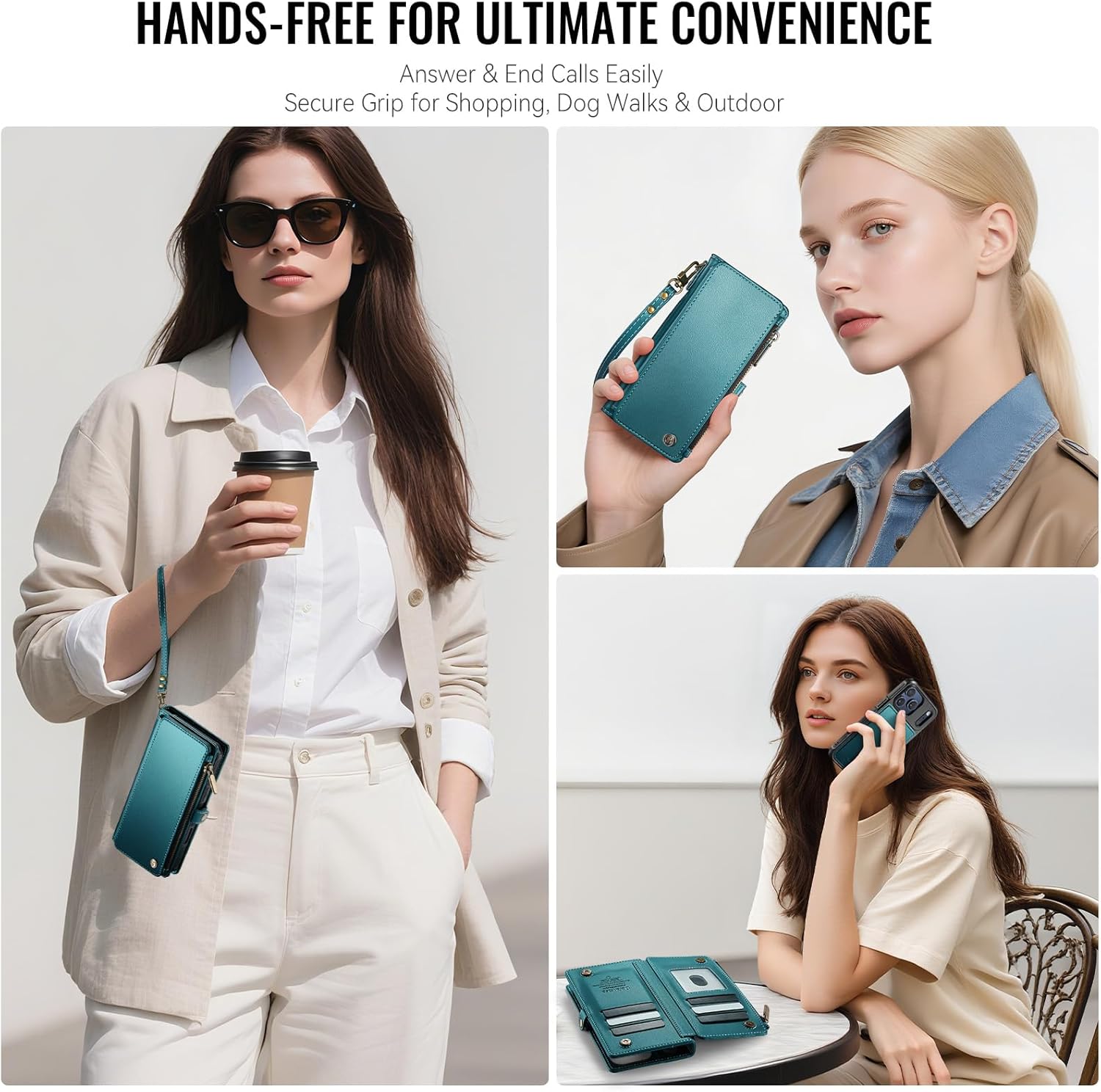 Defencase for iPhone 17 Pro Max Magnetic Wallet Case Compatible with Magsafe with RFID Blocking Zipper Card Holder for Women Men PU Leather Strap Detachable Case for iPhone 17 Pro Max 6.9", Blue Green