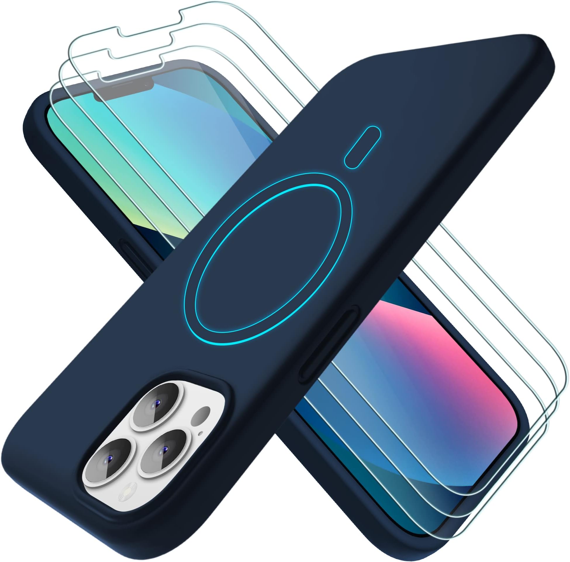 jaroco Silicone Magnetic Designed for iPhone 14 Case with [3xTempered Glass Screen Protector][12 FT Shockproof Compatible with MagSafe][Heavy Duty] Liquid Phone Case 6.1 with Microfiber Lining-Blue