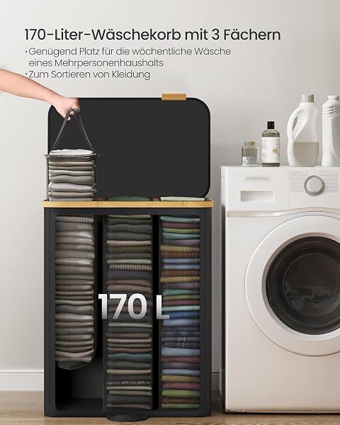 SONGMICS Wäschekorb mit Deckel, Wäschesammler, Wäschesortierer, Wäschetonne, Wäschesack herausnehmbar, Bambusrahmen, für Waschküche, Schlafzimmer, 3 Fächer, 170 Liter, tintenschwarz LCB533BH01 - 5