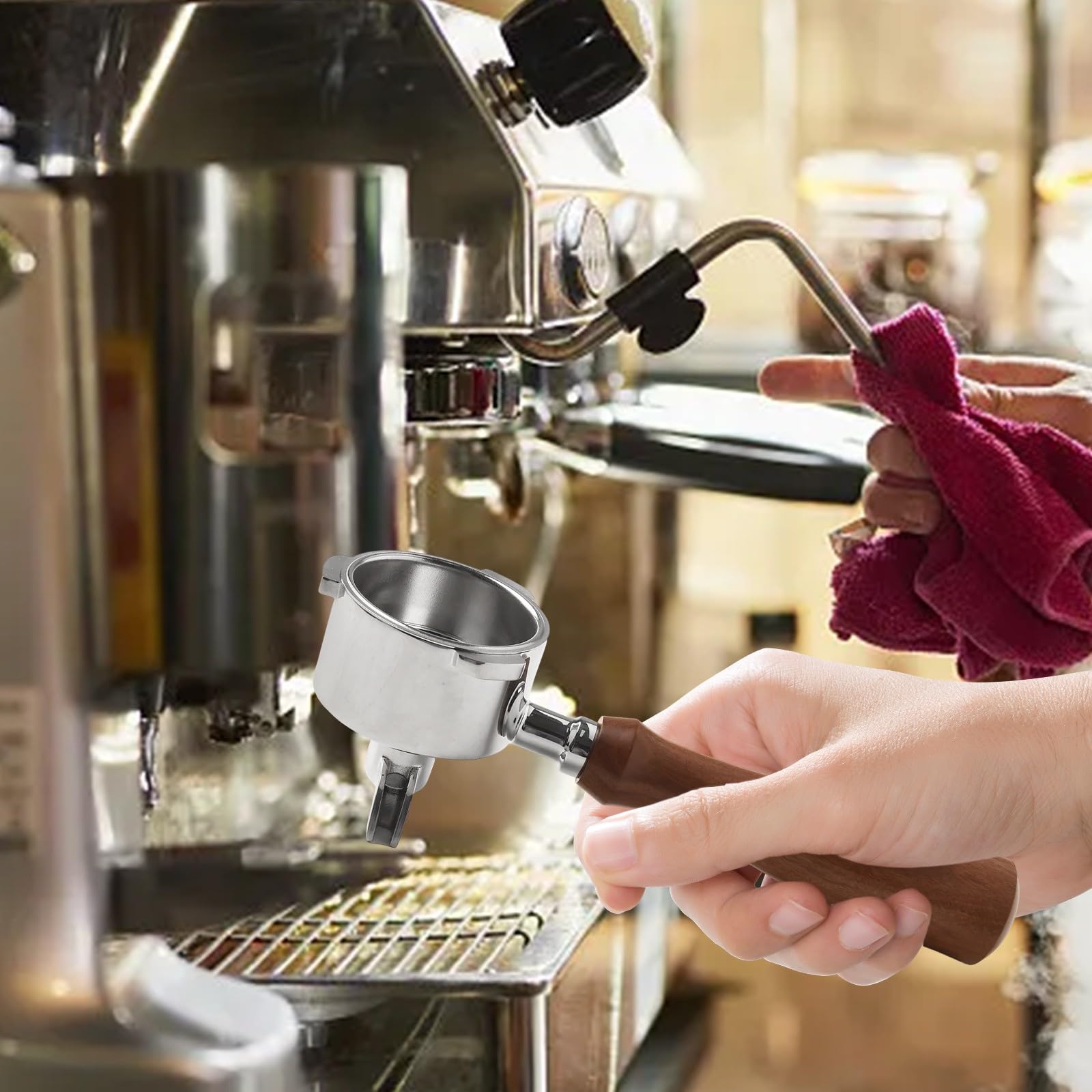 Portafiltro da 51 mm con doppio beccuccio e manico in legno massello, cestino non pressurizzato a 3 orecchie per macchina da espresso, in acciaio inossidabile