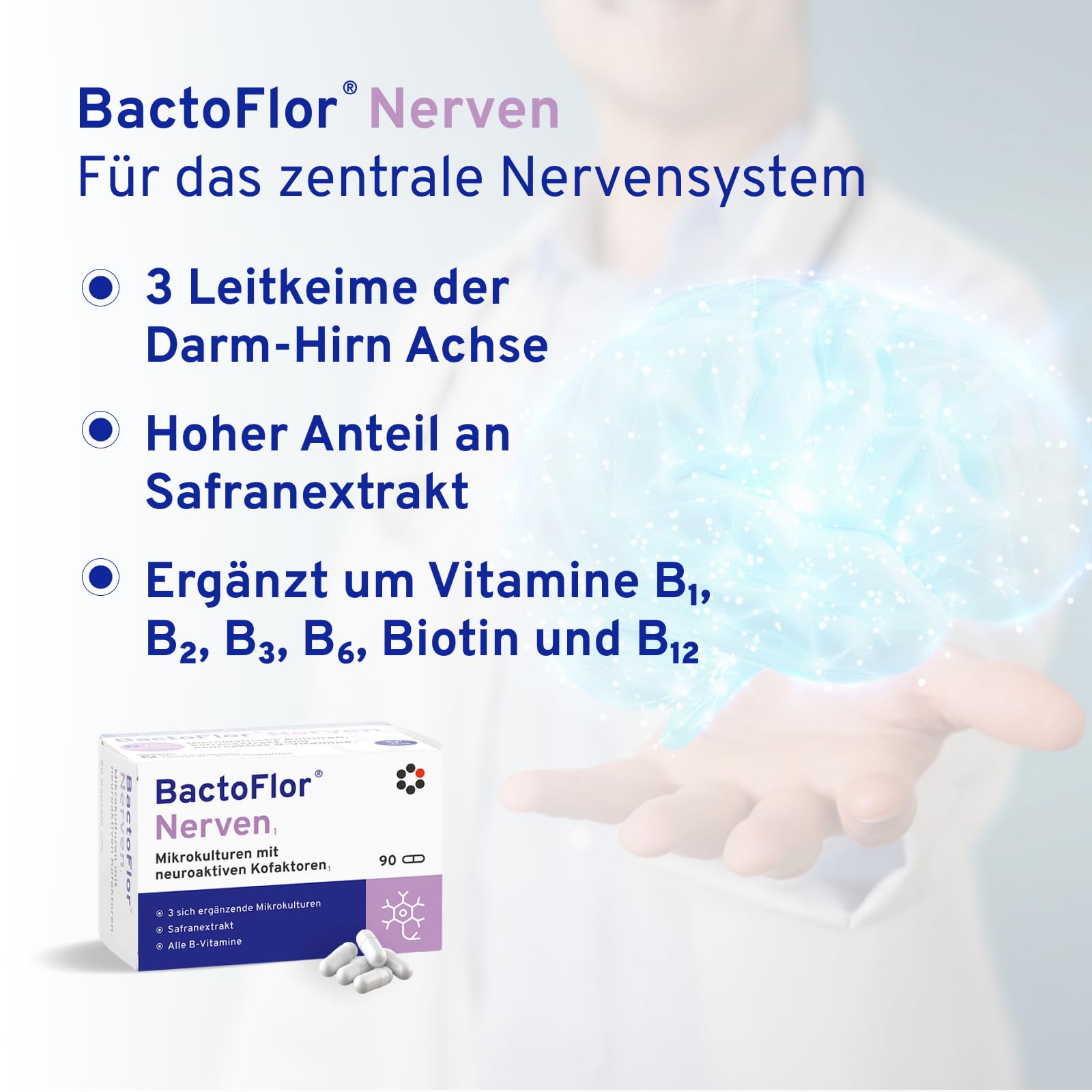 BactoFlor® Nerven - Probiotika für Darmsanierung mit Vitamin B Komplex & Folsäure (90 Kapseln) - 3 Bakterienstämme mit Biotin, Safran & Lactobacillus - Vitamin B1, B2, B3, B6, B12 - laktosefrei