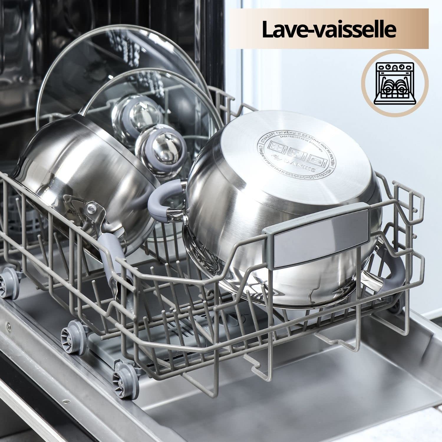Daniks Modern Faitout Inox 20 cm 4 L, Casserole avec Couvercle en Verre, Tous Feux y Compris Induction, Poignées en Silicone, Échelle de Mesure, Argent