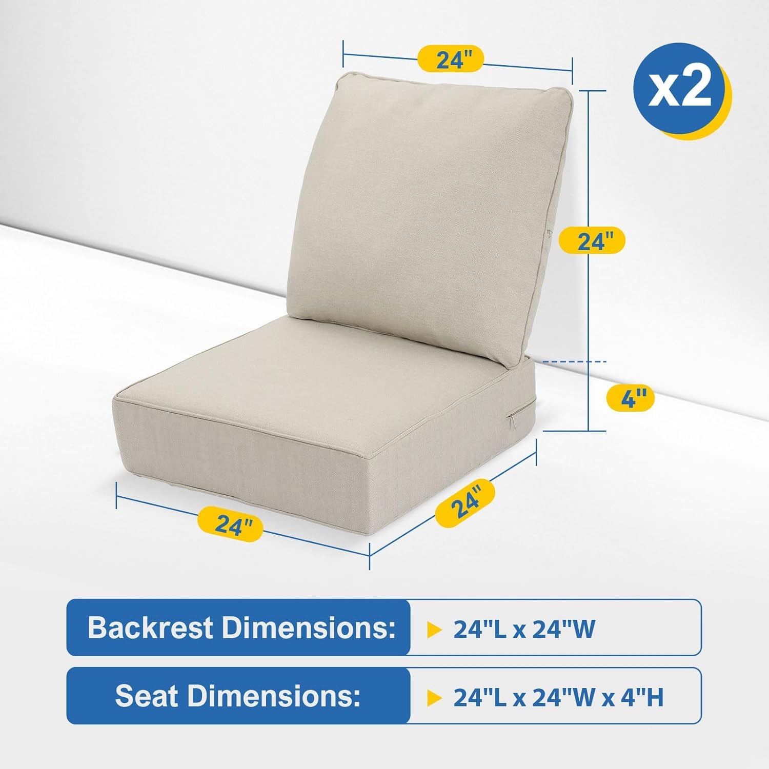 outdoor deep seat cushions set of 2 for patio furniture, waterproof & fade resistant replacement cushions with removable covers, 24 x 24 inch, beige beige 24 x 24 inch