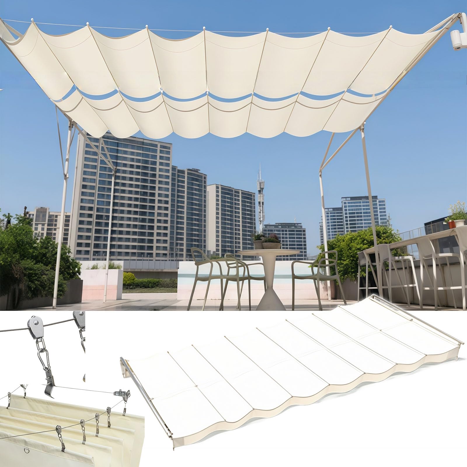 Voile d'ombrage ondulé rétractable imperméable avec protection UV pour pergola