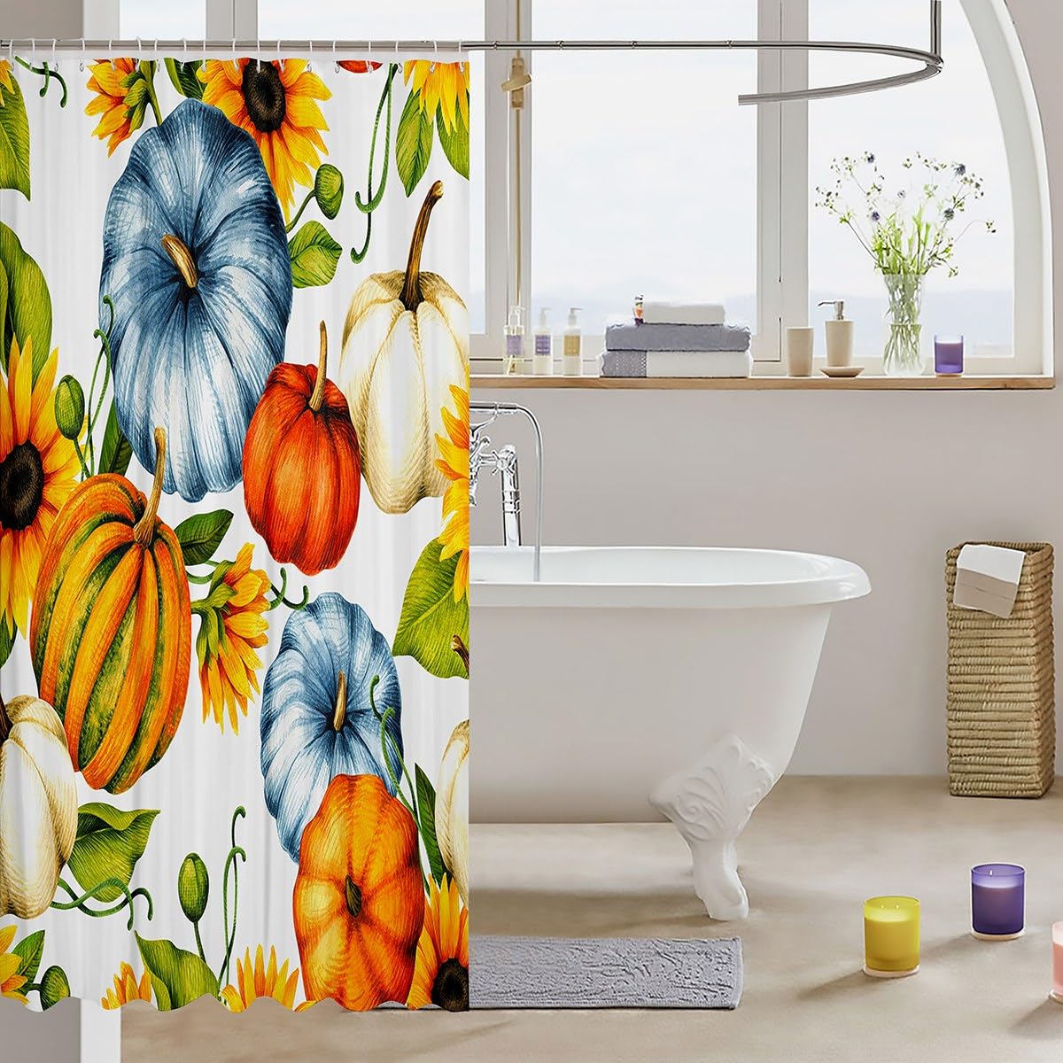 Herbst-Duschvorhang Mit Kürbissen & Eukalyptus – Wasserdicht, Beschwert, Polyester, 152x183 Cm Oder 183x183 Cm