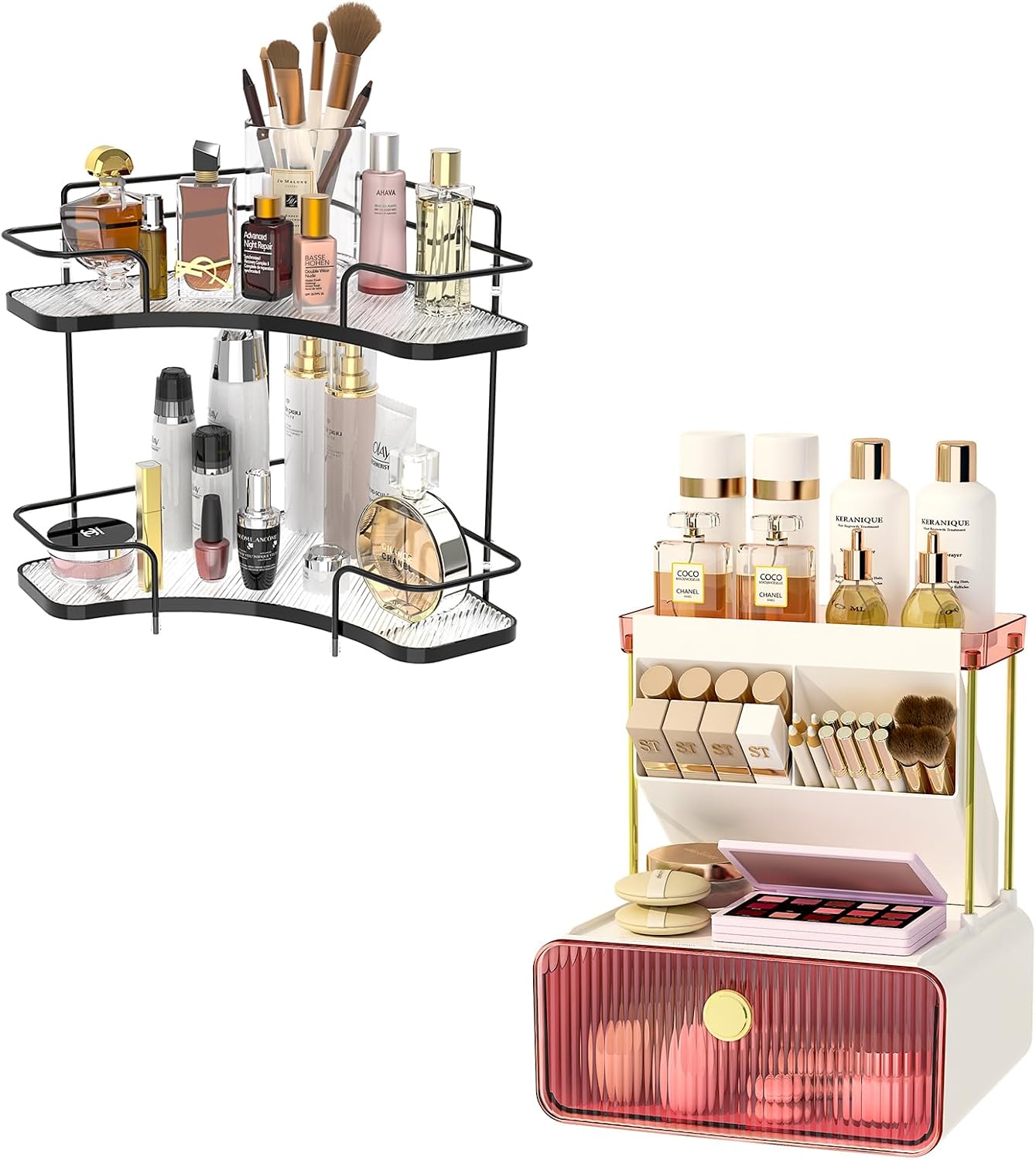 FOLLOWIN 2 Tier Bathroom Countertop Corner Organizer, Vanity Counter Shelf, Bathroom Counter Organizer with Drawer, Dresser Top Organizer with Make Up Brush Holder