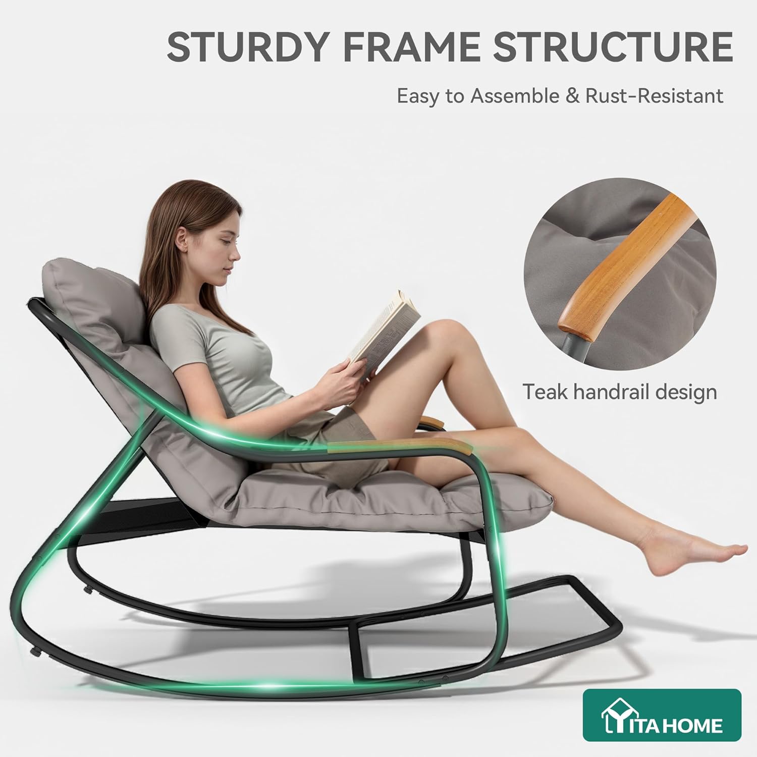 YITAHOME Patio Oversized Rocking Chair, Versatile Indoor/Outdoor Textilene Lounge with Soft Thick Cushion, Teak Armrests and Footrest, Ideal for Living Room, Porch, or Backyard