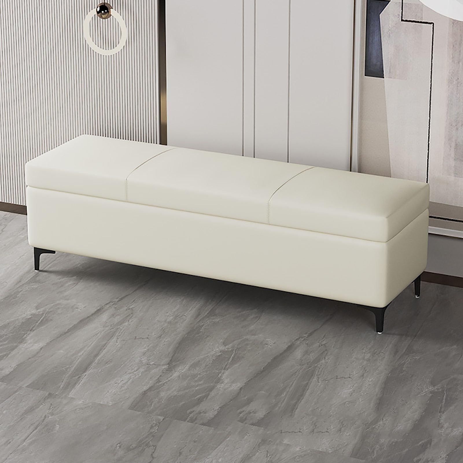 Banc de rangement en cuir PU de luxe avec pieds en métal pour chambre raffinée