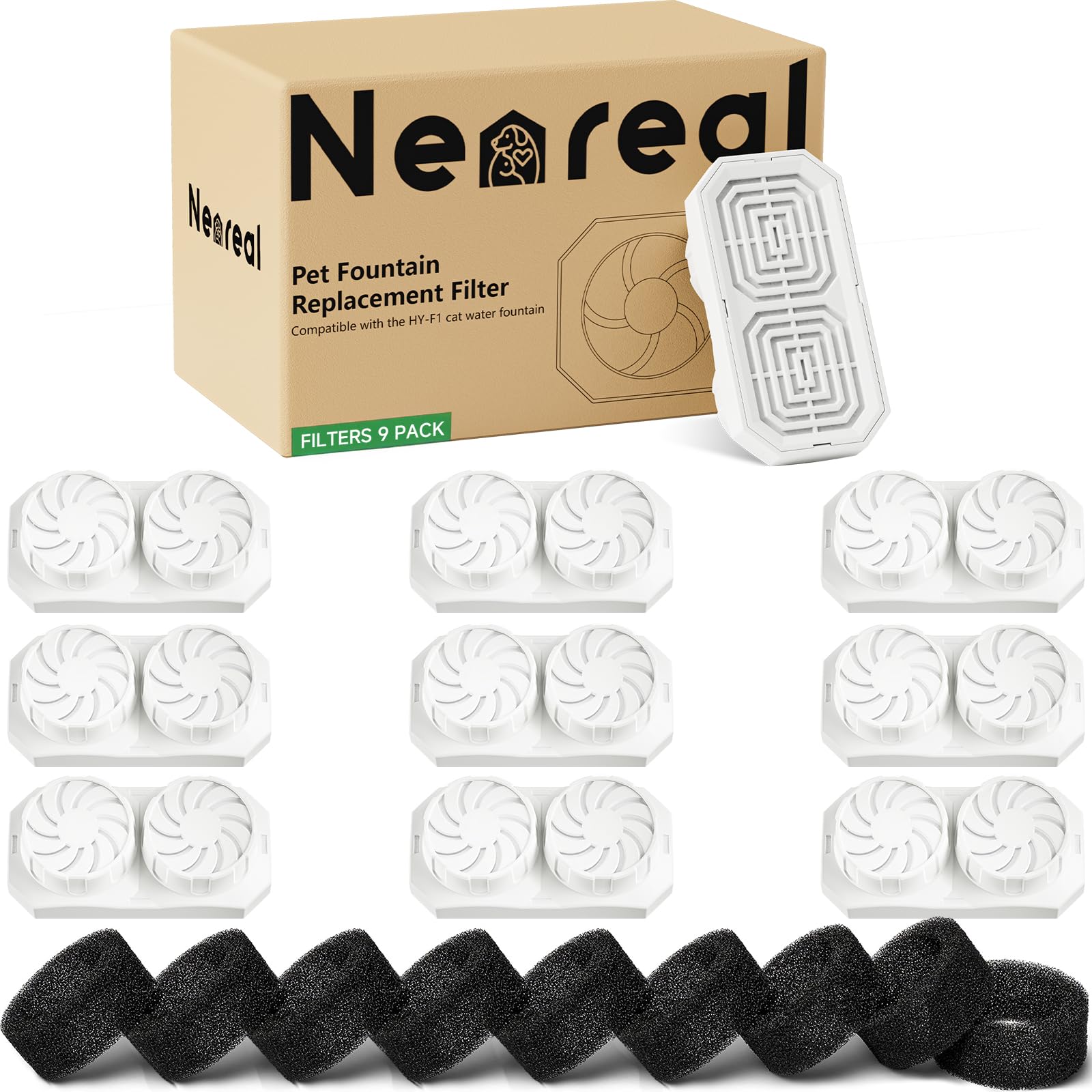 Neareal Official 9-Pack Replacement Filters and Pre-Filter Sponges for 108 oz / 3.2 L Stainless Steel Cat Water Fountain