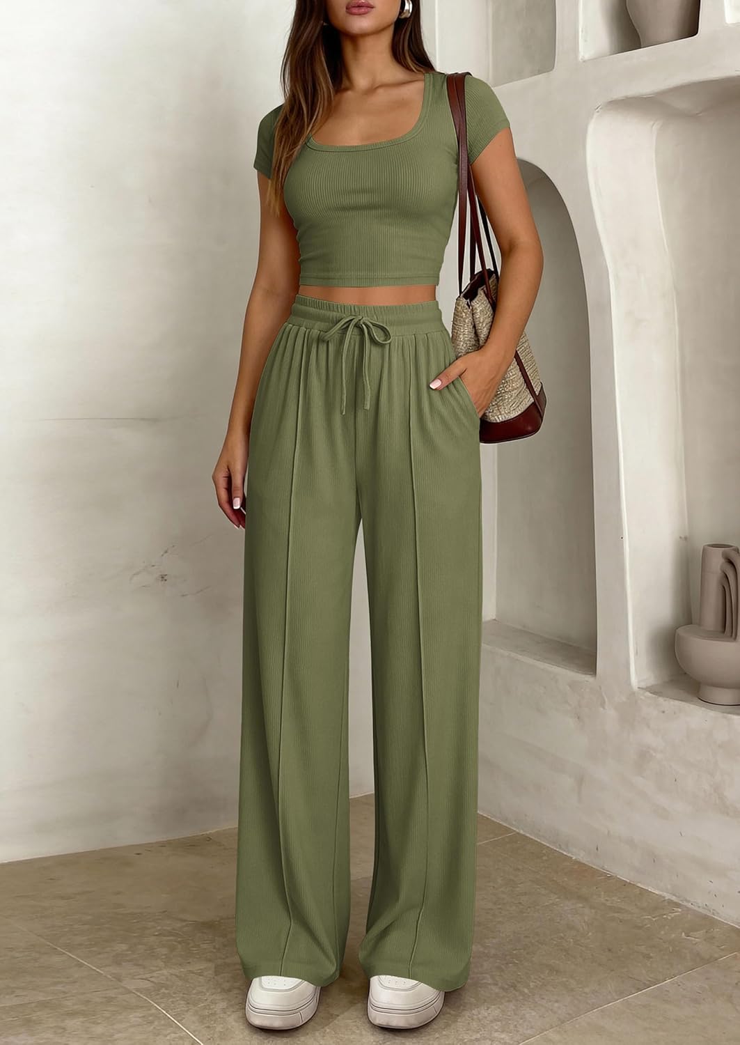 PRETTYGARDEN Women's 2 Piece Matching Lounge Sets Ribbed Short Sleeve Crop Tops Wide Leg Pants 2026 Summer Airport Outfits - Image 7