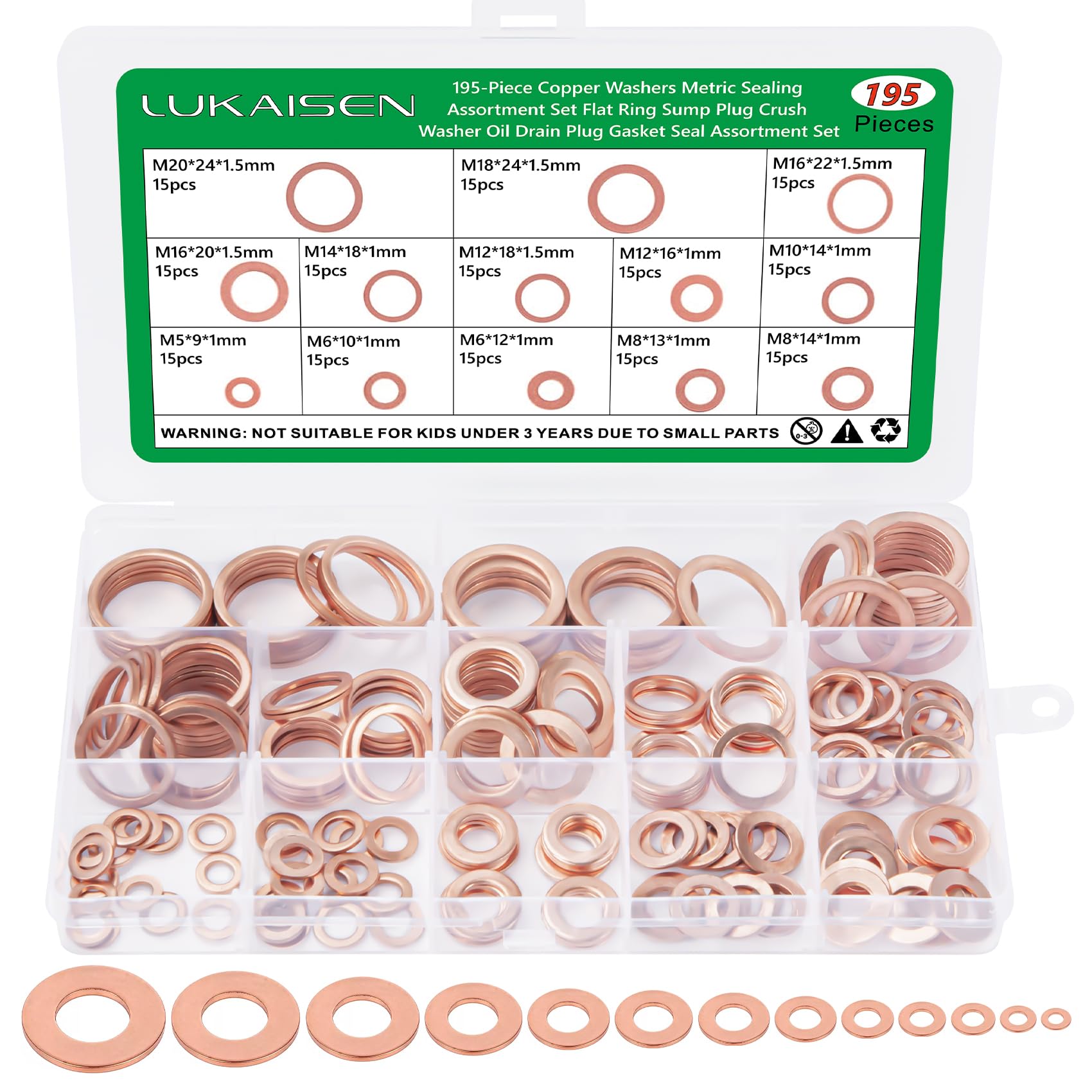 195PCS Copper Metric Flat Washer Assortment Kit-M5 M6 M8 M10 M12 M14 M16 M18 M20 Sizes Sealing Metric Washers-C10100 Pure Copper,Corrosion Resistant for Electrical, Plumbing, Automotive, HVAC,DIY