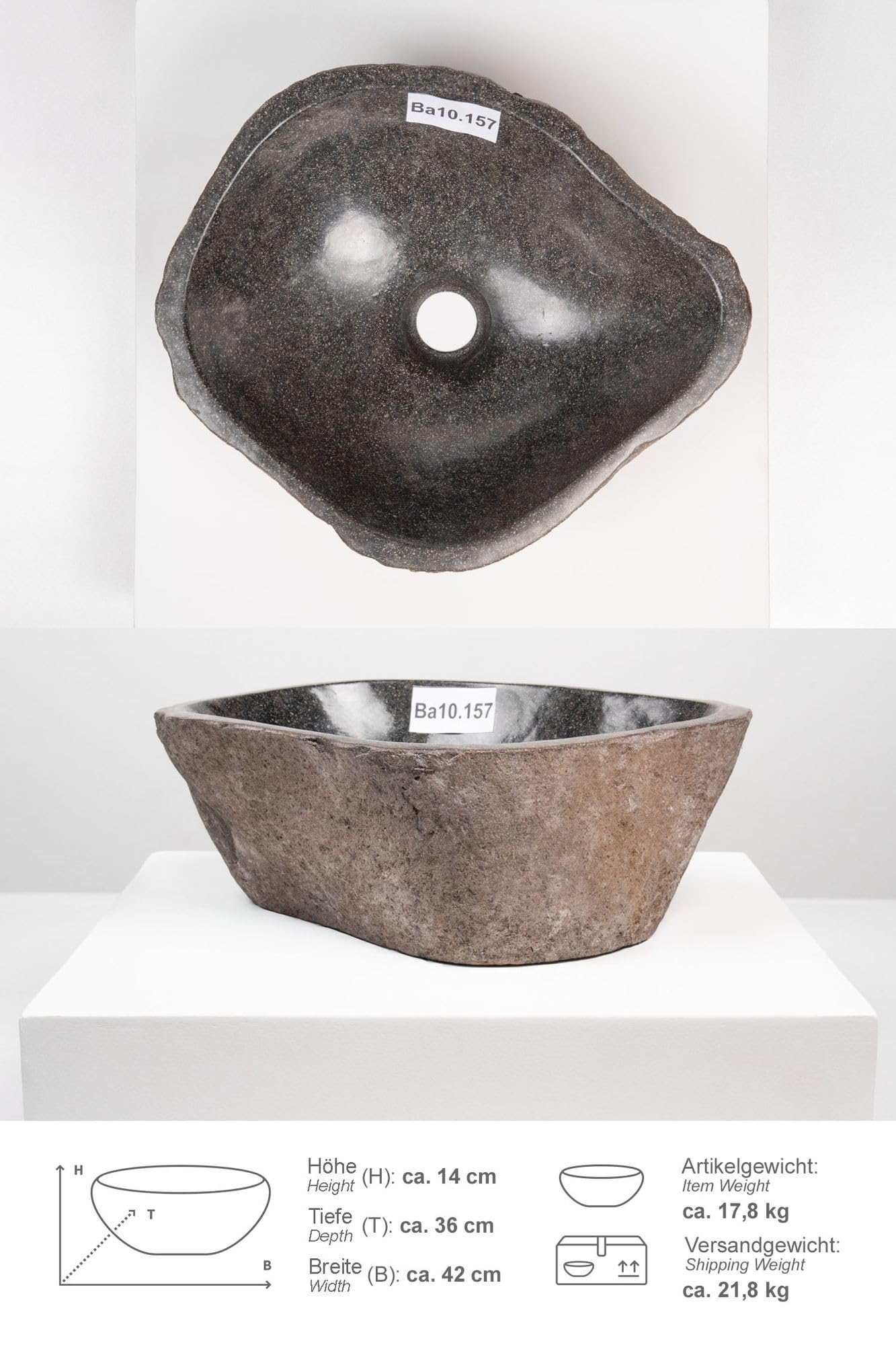 Lavabo en pierre naturelle de 40 cm - Pierre de rivière naturelle - Gris