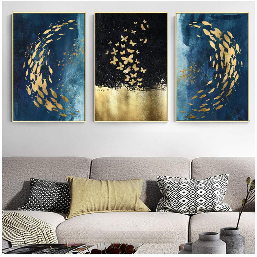 Imprimir lienzo pintura carteles y arte de la pared abstracto pez dorado mariposa cuadros para sala marco nórdico decoración 30x40 cm x3 /11.8 "x 15.7" con marco