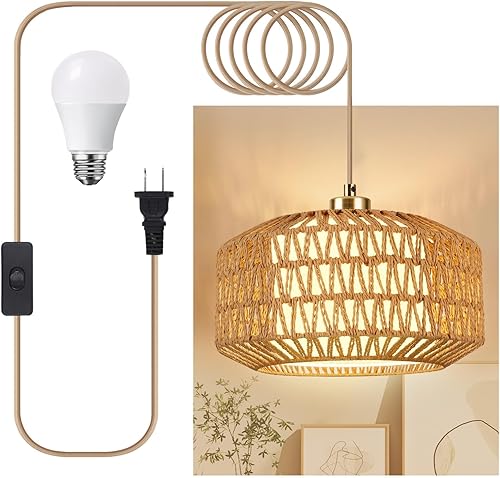 Miniatura 9 de Lámpara colgante enchufable, luces colgantes de ratán con cable enchufable, pantalla tejida y de tela 2 en 1, lámpara colgante enchufable para