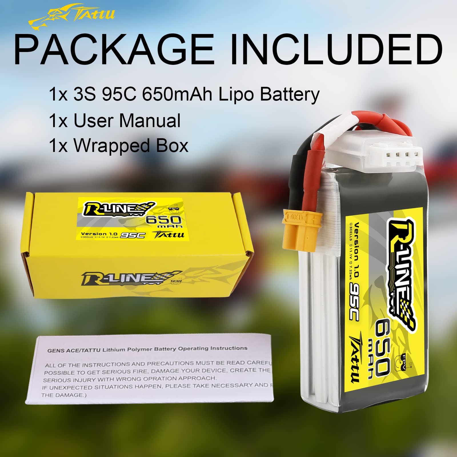 Tattu 3S Lipo Battery 11.1V 650mAh 95C Soft Case R-Line Lipo Battery Pack avec connecteur XT30 pour UAV Drone FPV Racing RC Quadcopter multirotor de Taille 100 à 180
