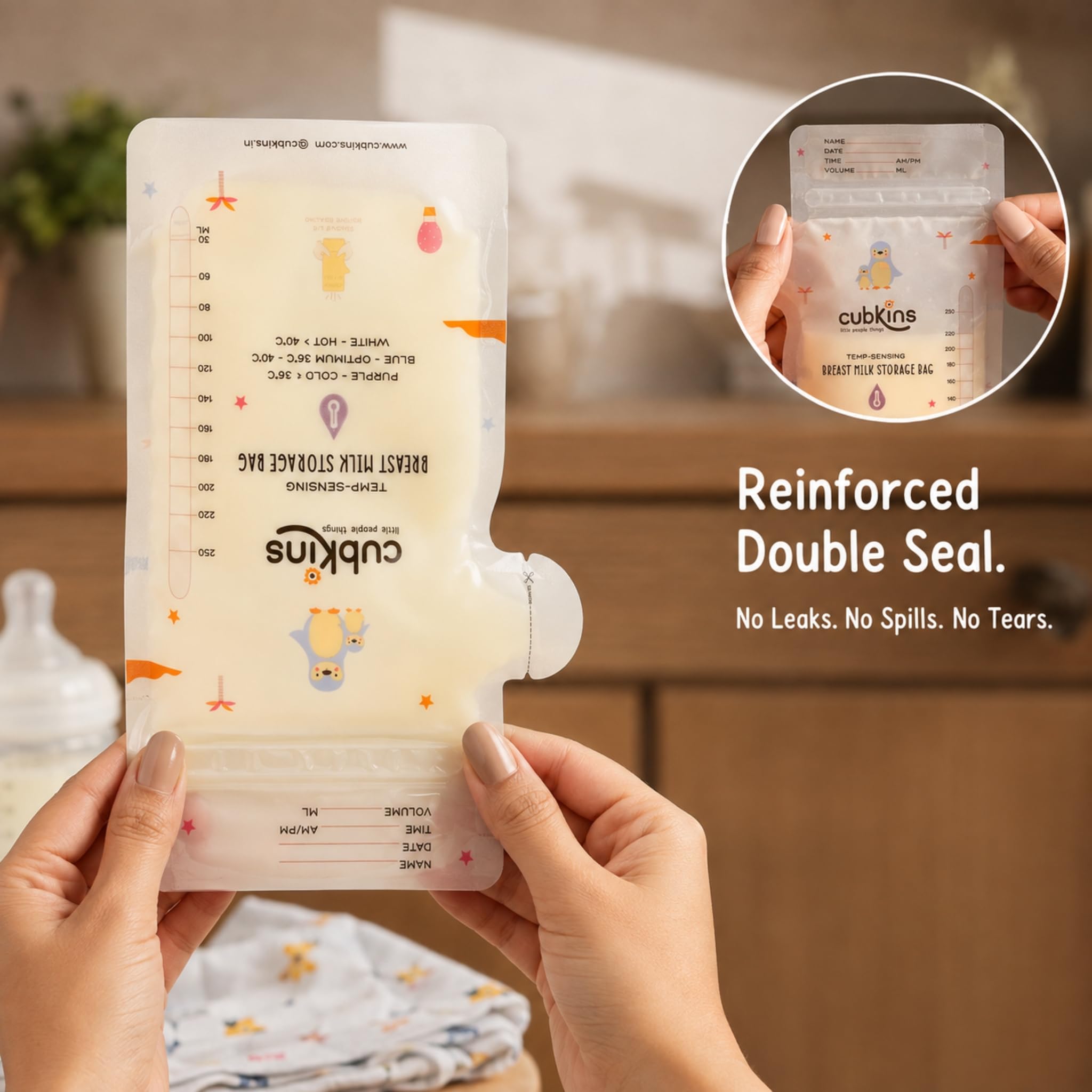 Cubkins Breast Milk Storage Bags 250ml (Pack of 50) | Smart Temperature Indicator | Pre-Sterilized, BPA Free | Leak Proof Double Zipper | One-Way Pour Spout | Self-Standing Freezer Bags with Marker 3