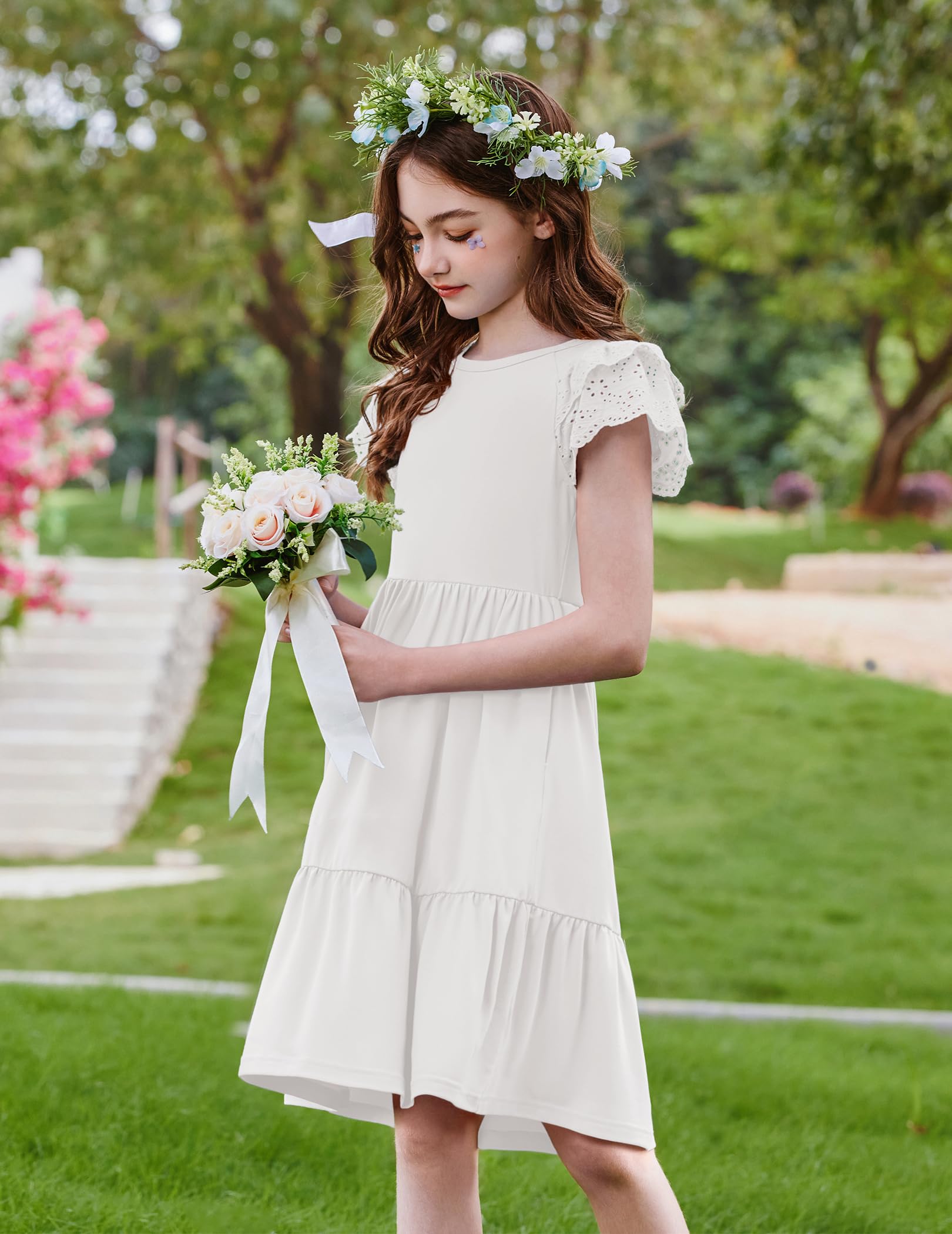 Arshiner Robe d'été en dentelle à manches courtes et col rond pour enfants, robe midi festive décontractée, robe de soirée tendance de couleur unie avec poche, 6 à 14 ans