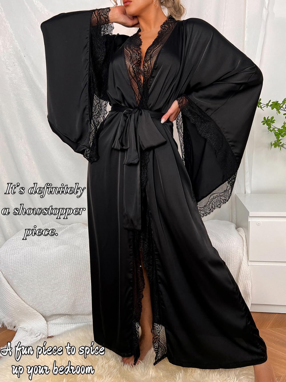 Silk Long Robe For Women, Satin Lace-Trim, Bride Wedding-Night, Bridal Bridesmaid Kimono Robes Lightweight - Image 5