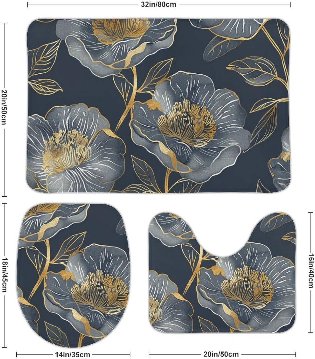 Anti-Skid Floor Mats 3 Piece Set,Gray and Gold Printed Coral Fleece Bathroom Mats U-Shaped Contour Mat Toilet Seat Cover for Bathroom, Tub, Shower, Kitchen 19.7"x31.5"