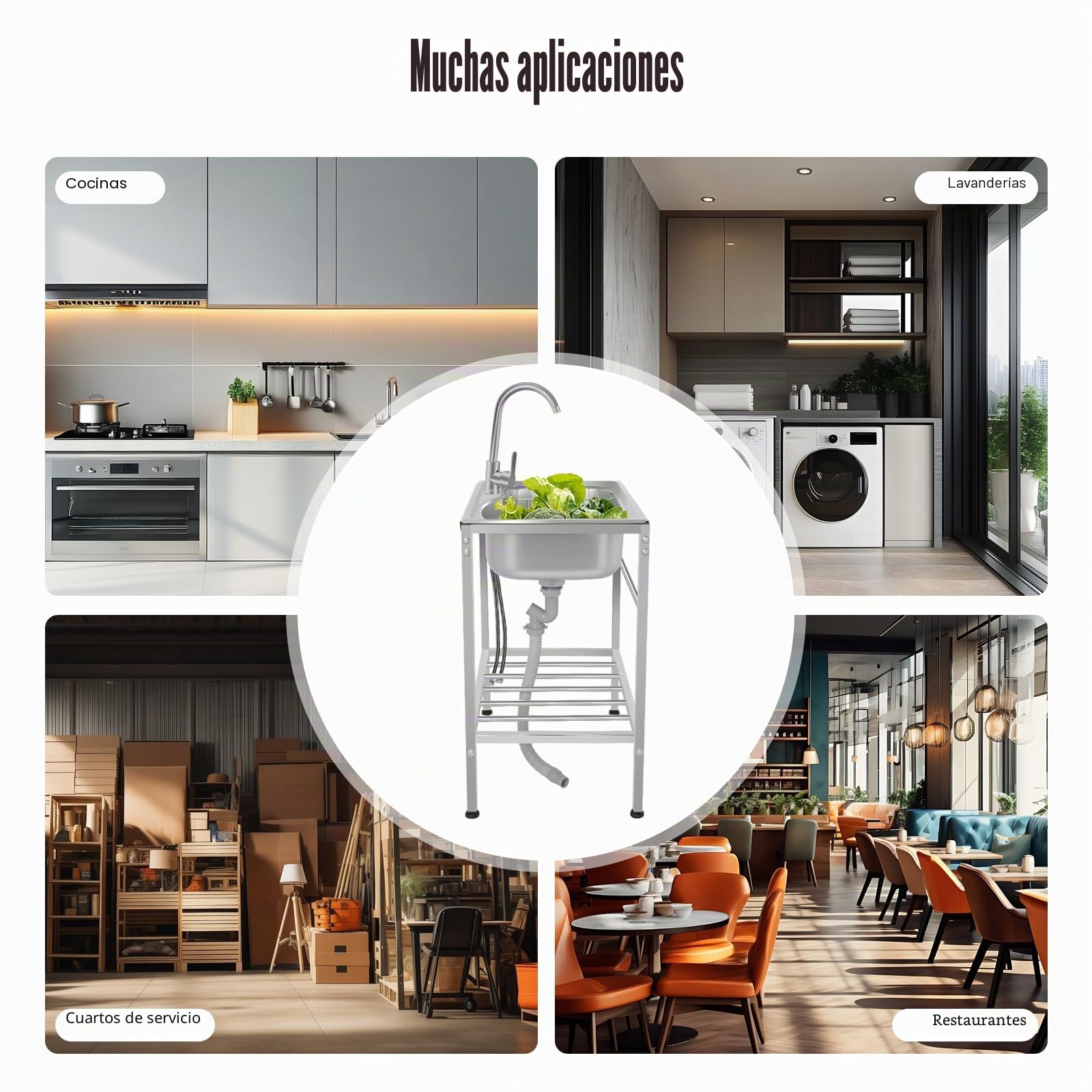 Fregadero de cocina, fregadero independiente, fregadero inox, con grifo caliente y frío, cesta de drenaje, drenaje, soporte ajustable, lavabo, 60 x 45 x 75 cm para cocina, taller, exterior