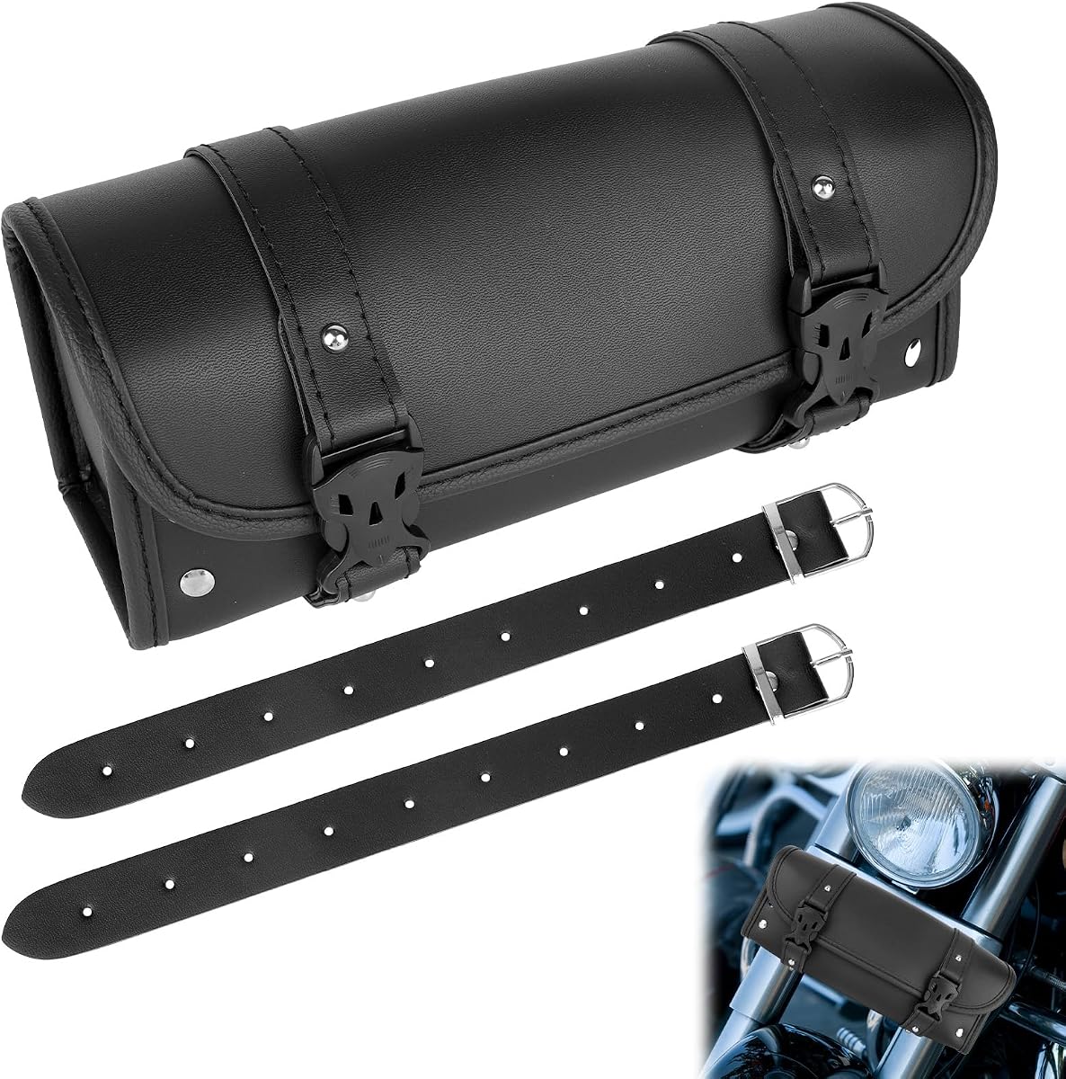 Penitue 2026 Nuevo bolso de cuero de PU para manillar de motocicleta, bolsa de herramientas de almacenamiento de horquilla delantera de gran capacidad con correas ajustables Accesorio universal de motocicleta para llaves de teléfono, guantes, gafas de sol y paraguas