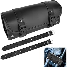 Penitue 2026 New PU Leather Motorcycle Handlebar Bag, Large Capacity Front Fork Storage Tool Bag with Adjustable Straps Universal Motorcycle Accessory for Phone Keys Gloves Sunglasses & Umbrella