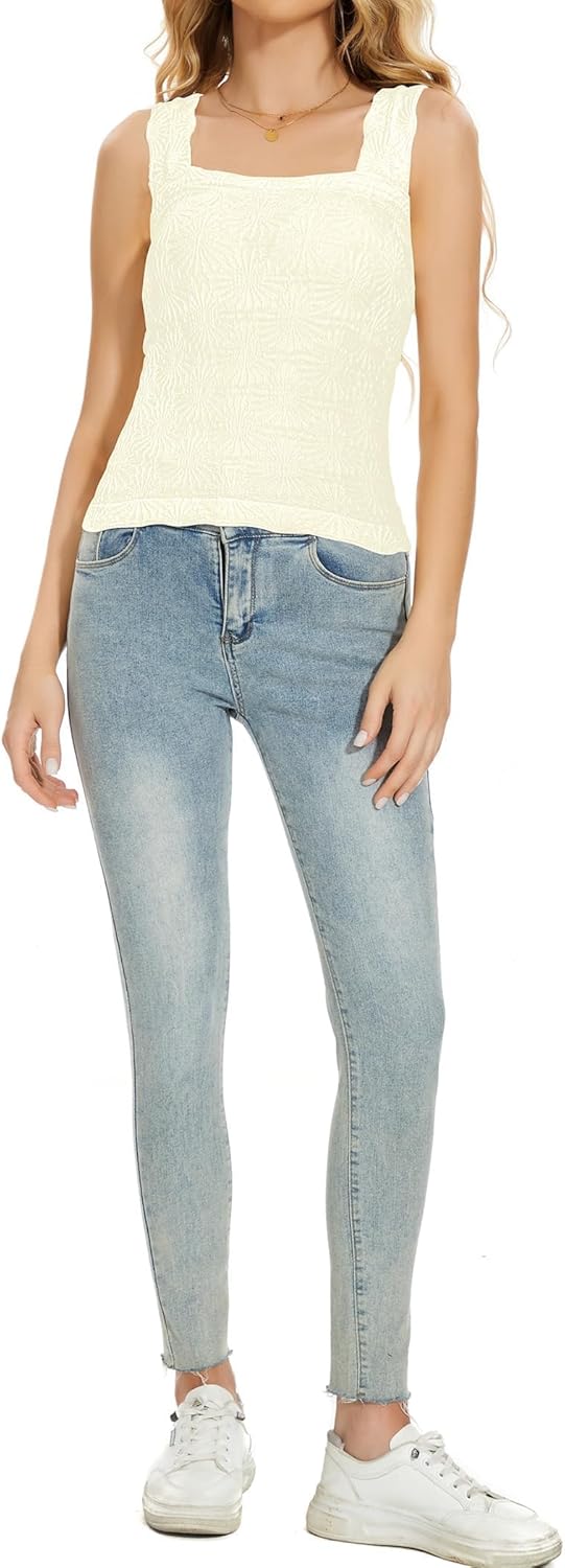 Labolliy Women Square Neck Crop Tank Tops Sleeveless Wide Strappy Lettuce Trim Going-Out Cami Vest Tops - Image 5