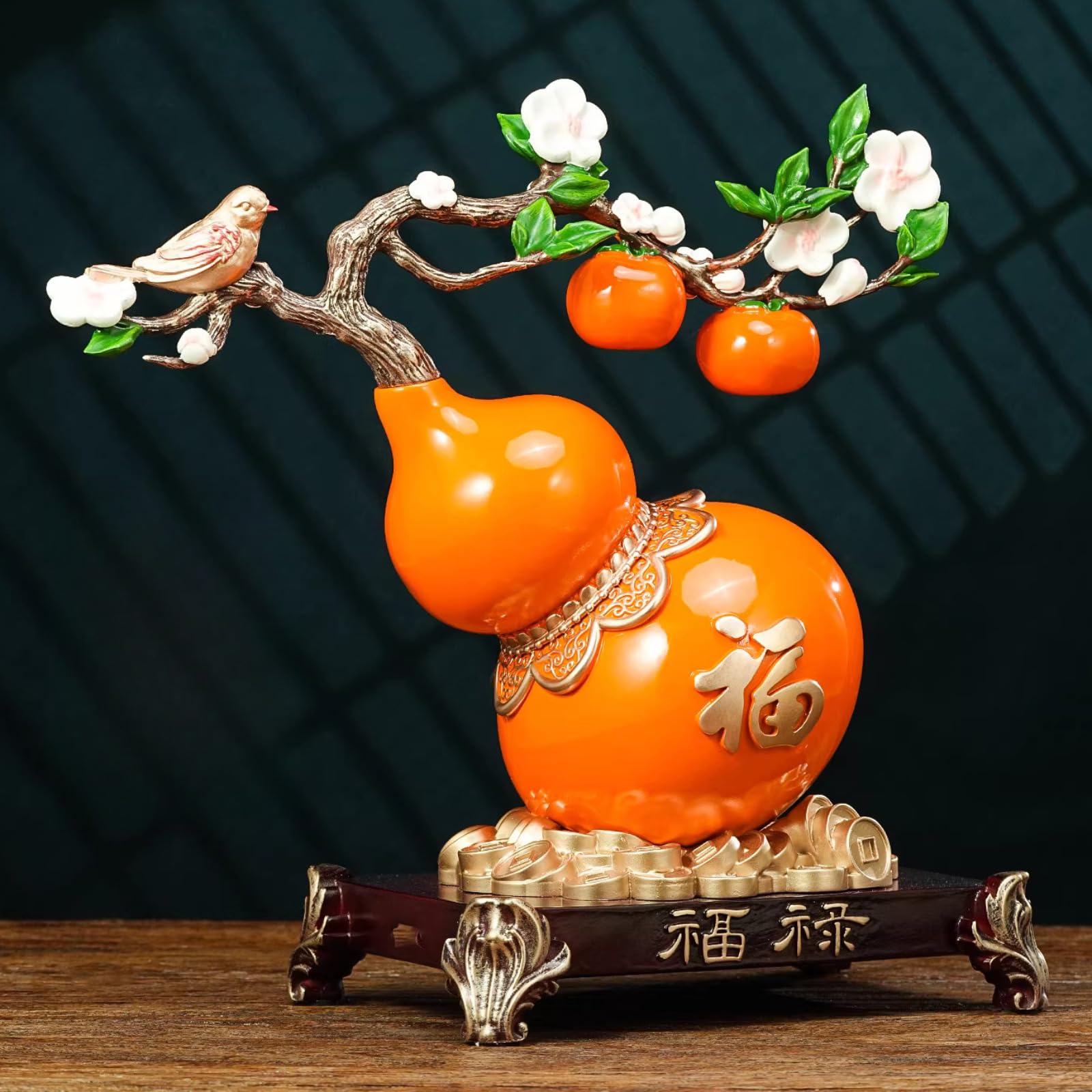 Statue gourde orange Feng Shui en résine kaki de 25 cm