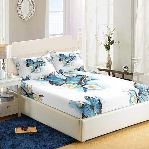 AILONEN Sábana bajera de mariposa, tamaño individual, juego de sábanas con estampado de mariposas azules y moradas para niñas, niños y adolescentes,