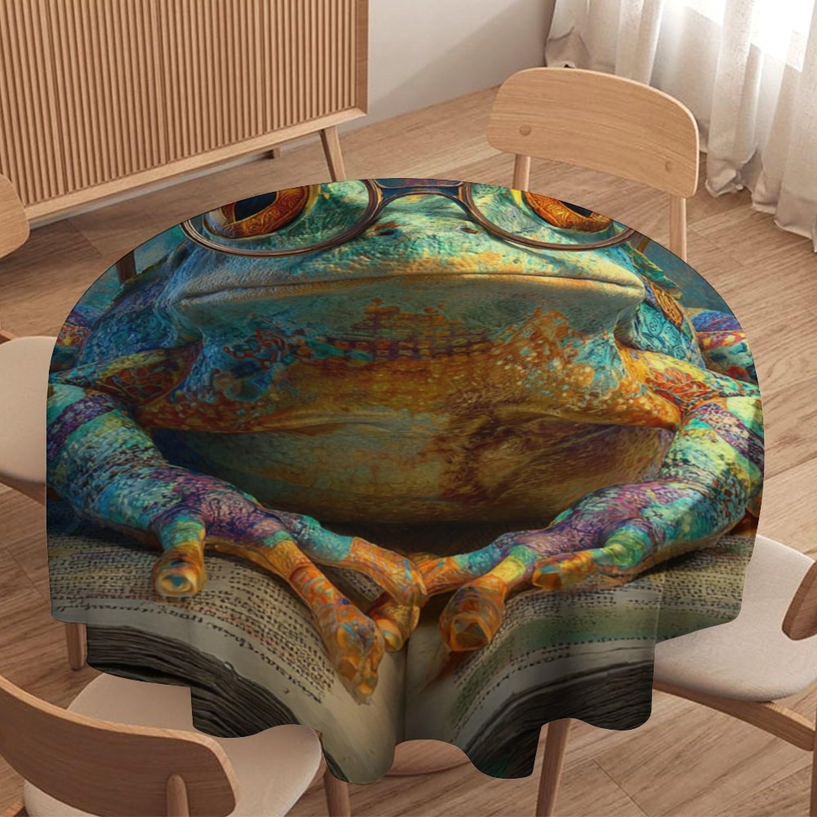LUYYSKY Colorful Realistic Cute Frogs Waterproof Round Tablecloth Funny Abstract Graffiti Wall Books Animals Frogs Pattern Washable Table Cover for Kitchen-152.4" Wx152.4 L cm