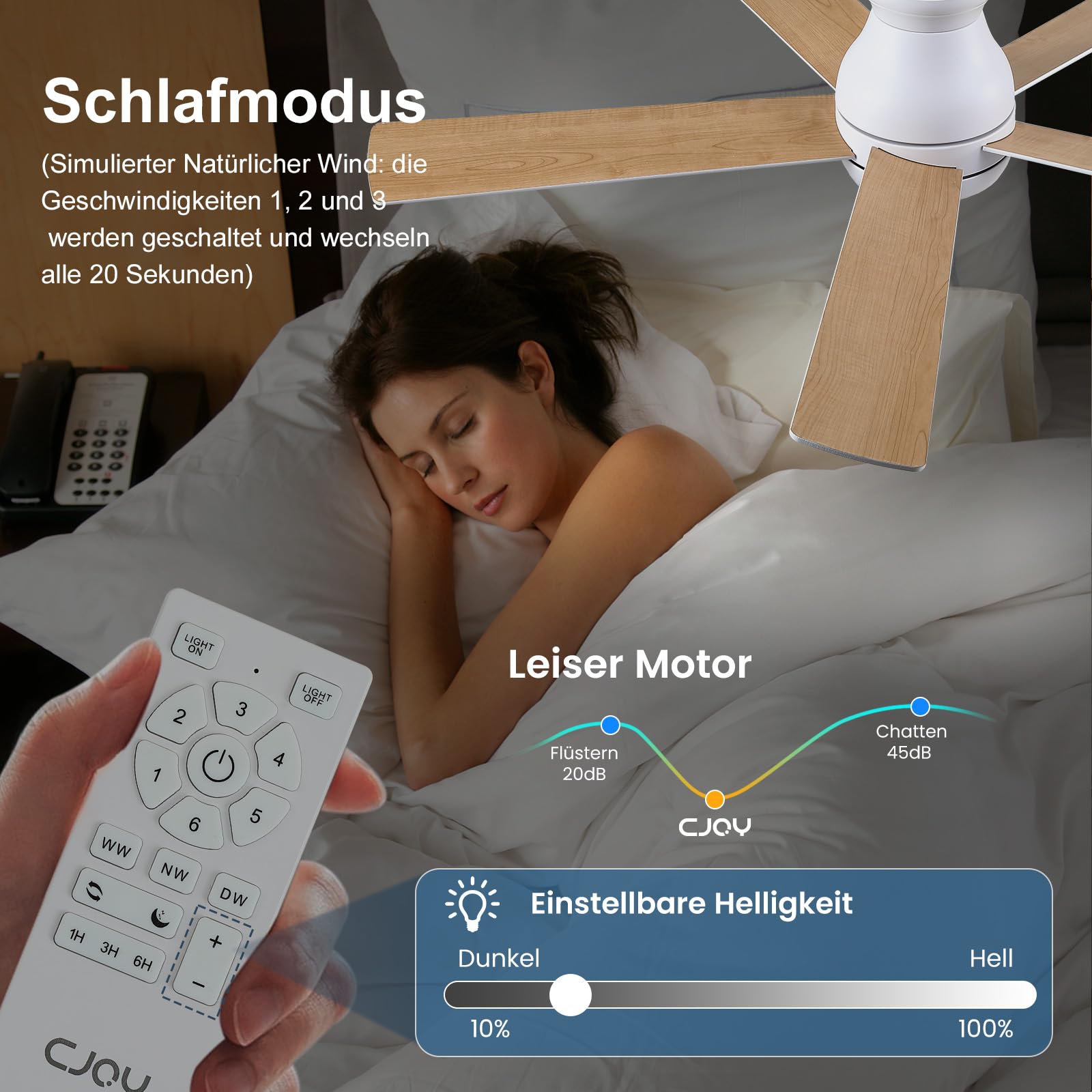 CJOY 132cm Deckenventilator mit Beleuchtung Fernbedienung Leise Dimmbar Umkehrbar Speicher 3CCT Weiß Holzmaserung