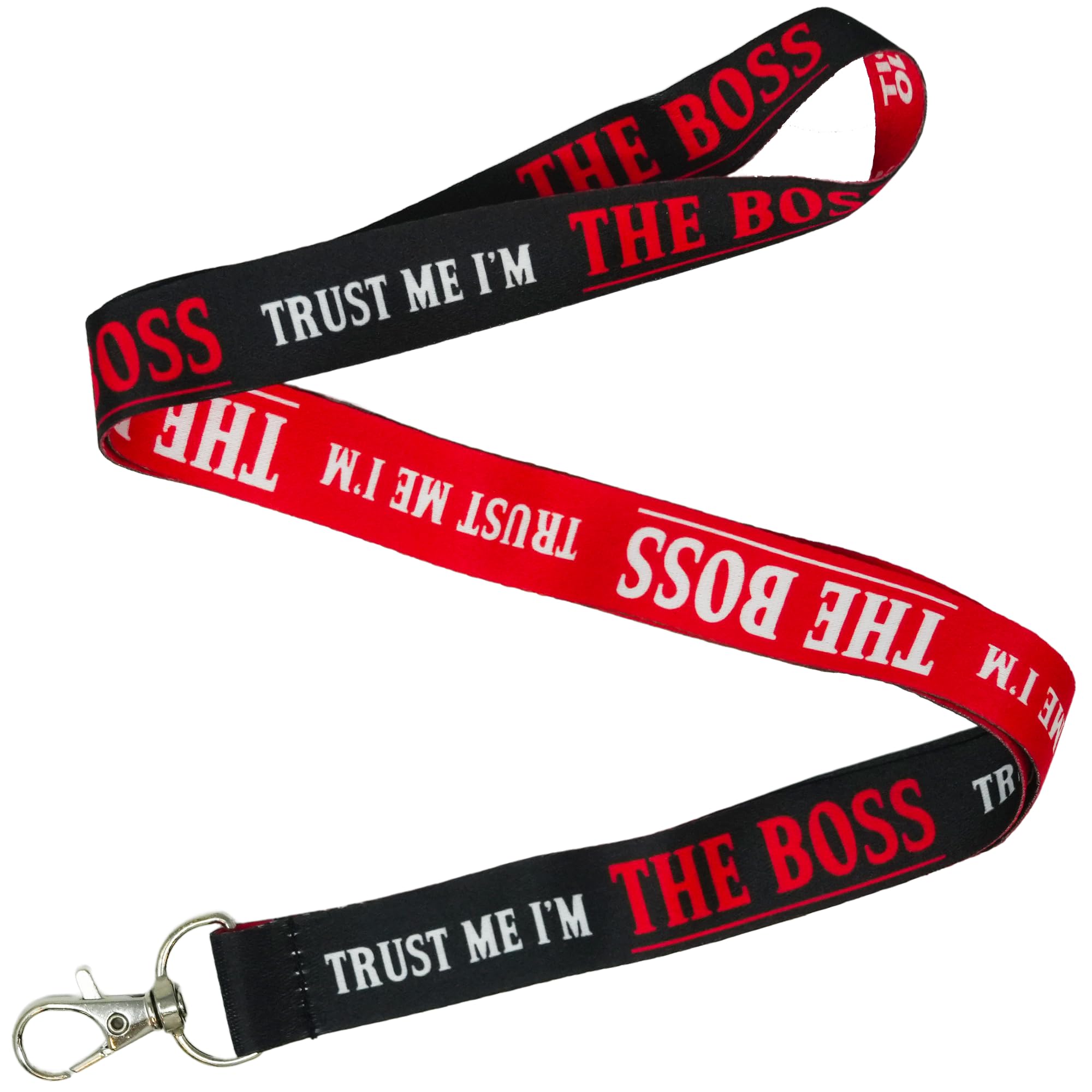 Tigoli Trust Me Iโm The Boss Funny Novelty Lanyard with Metal Clip, Humorous Office Neck Strap Keychain, Black and Red Work Badge Holder for Keys, Passes and ID Cards