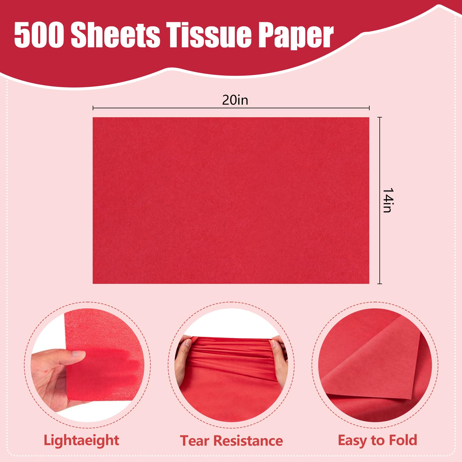 Lot de 500 feuilles de papier de soie sans acide pour sacs cadeaux, anniversaire, mariage, loisirs créatifs, emballage de fête d'Halloween - Rouge - 35,6 x 50,8 cm