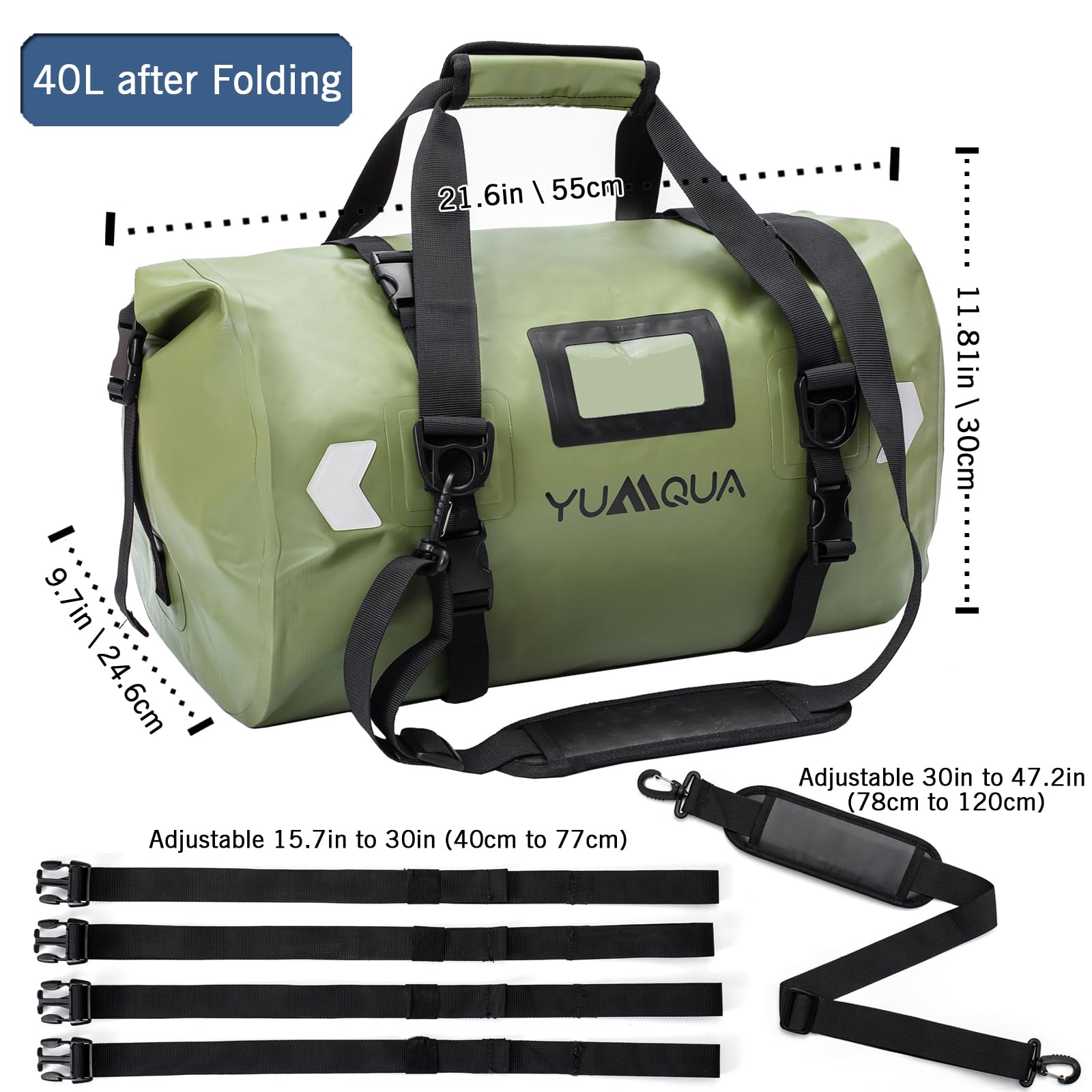 YUMQUA Bolsa de lona impermeable grande para motocicleta al aire libre, Verde militar-40L, 40L, Bolsa de lona impermeable | Bolsa de lona impermeable de PVC 500D con correa de hombro para barco, kayak, tabla de remo, pesca, camping