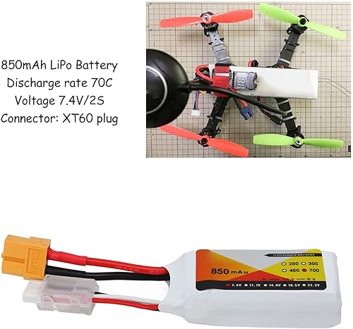 Miniatura 7 de Luqeeg Lipo - Batería Lipo de 7.4 V, 850 mAh, 70 C 2S, batería Lipo con enchufe XT60, accesorio para QAV250 Quadcopter 1 18 Escala RC Truck