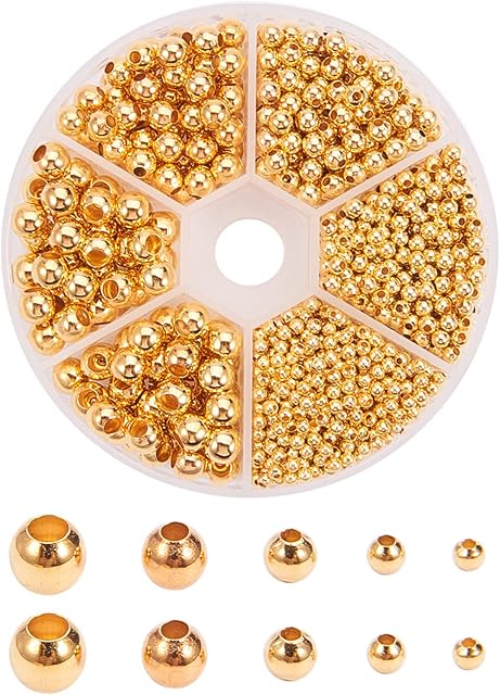 PandaHall Elite 1430 pcs Smooth Round Brass Beads, Rondelle Spacer Beads with Large Hole for DIY Jewellery Making, Golden, 2.4/3/4/5/6mm
