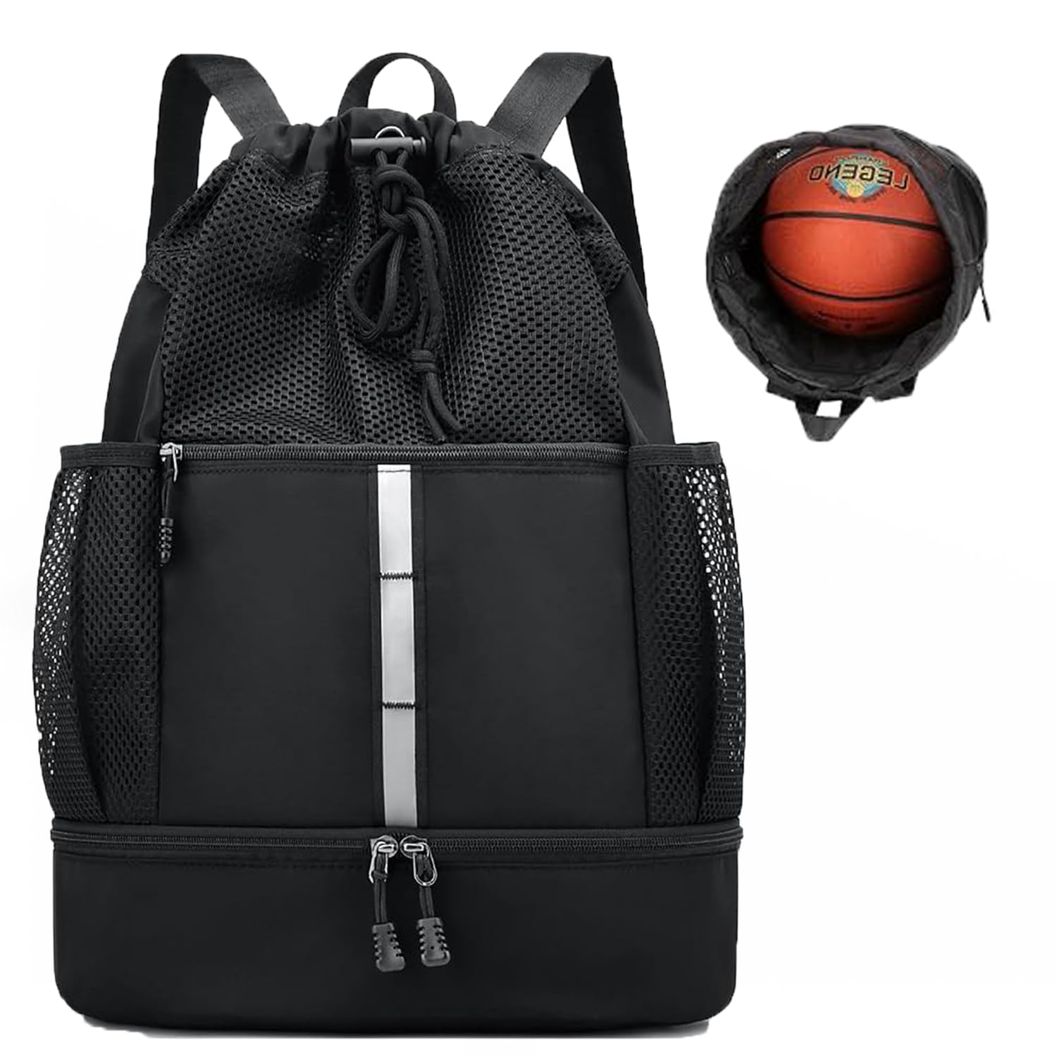 Borsa da palestra con coulisse, per uomo e donna, zaino sportivo in rete, con scomparto bagnato e scomparto per scarpe, borsa leggera da spiaggia e nuoto (Black)