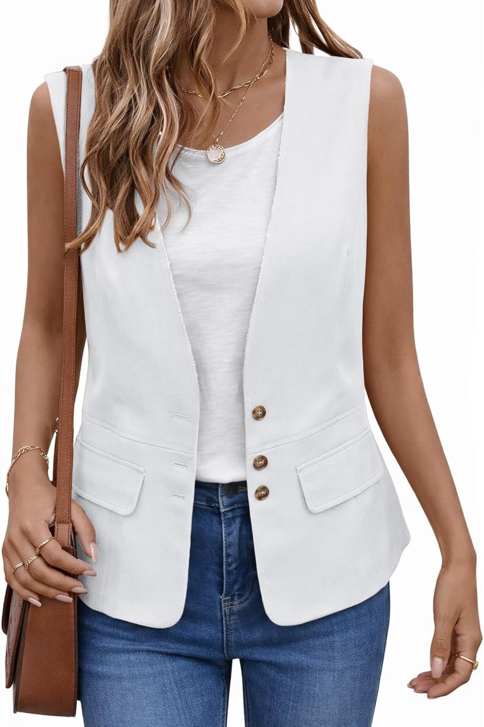 Mina Self 2026 Womens Summer Cotton Linen Vest Sleeveless Lightweight Button Down V-Neck Casual Fashion Work Jacket