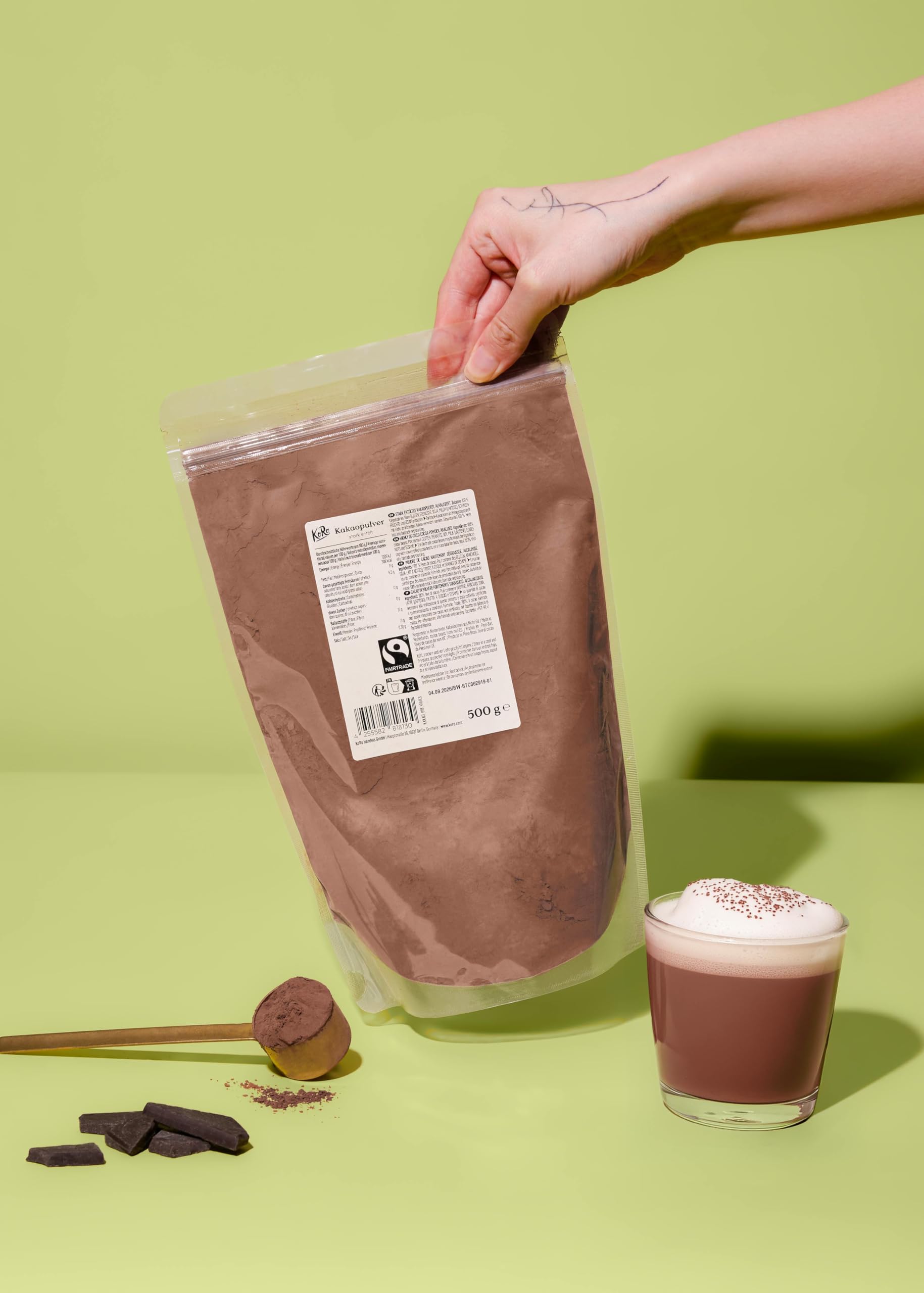 KoRo - Cacao in polvere fortemente sgrassato Fairtrade 500 g - 100% fave di cacao - Senza zuccheri aggiunti* - Ideale per la pasticceria e per la cioccolata calda