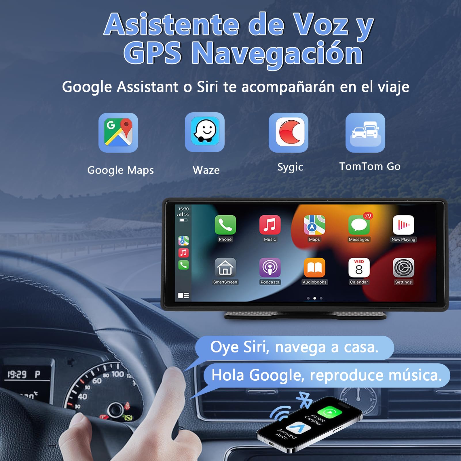 Pantalla Táctil Coche 10.26 Pulgadas, Navegación GPS, Estéreo para Automóvil Compatible con CarPlay, Android Auto, Bluetooth, Control por Voz, GPS, AUX y FM