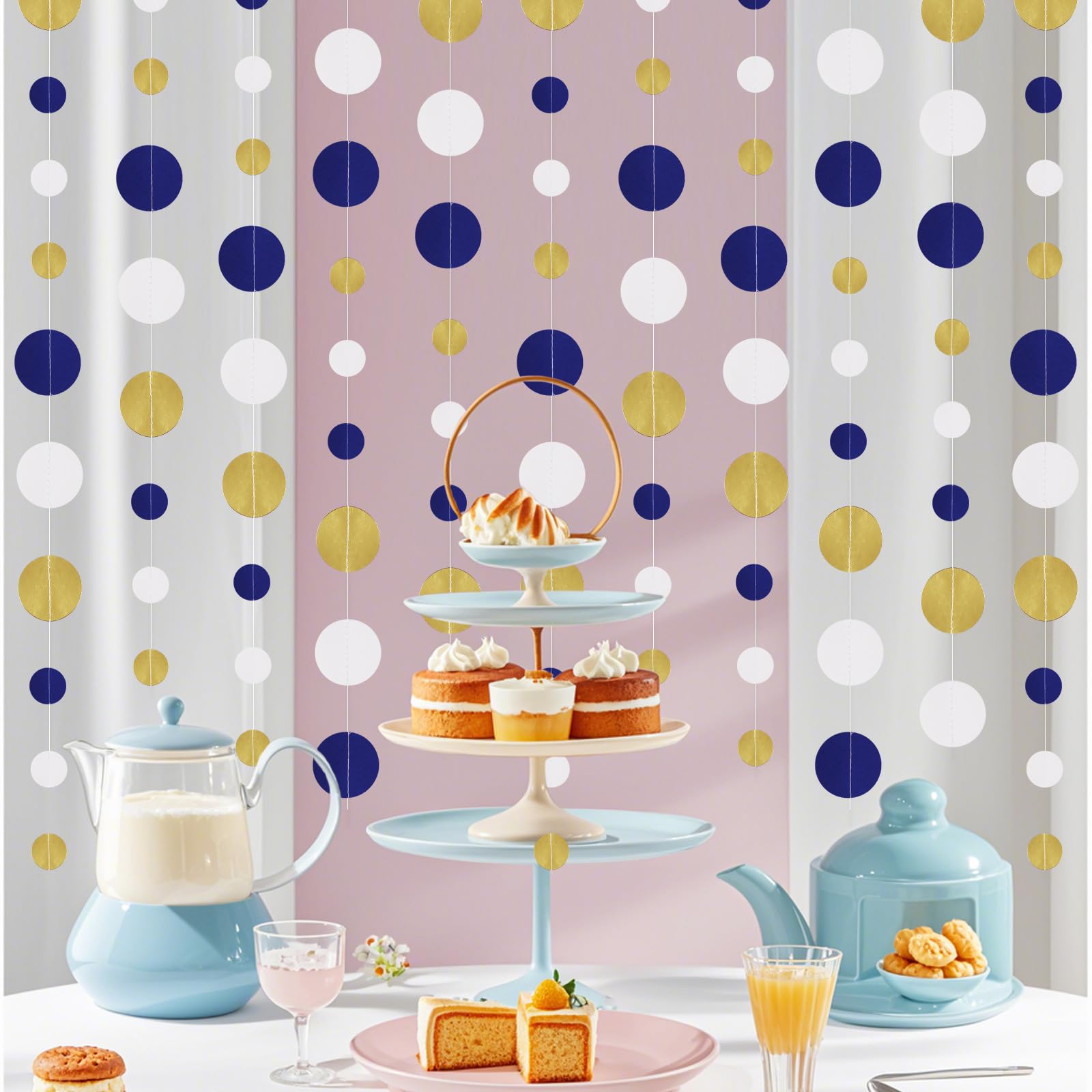 15,8 m, marineblau, weißgold, Party-Dekorationen, Kreise, Punkte, Girlande, Königsblau, Weiß, Gold, Punkte, Luftschlangen für Abschlussfeier, Geburtstag, Hochzeit, Brautparty, Babyparty,