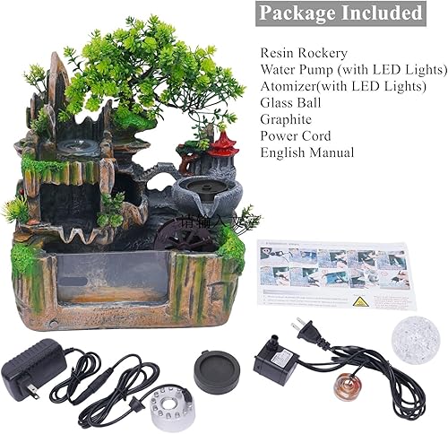 Miniatura 6 de Rockery Fountain - Fuente de agua de mesa para interiores, humidificadora atomizadora, decoración de escritorio, con luz LED, cascada de 110 V con