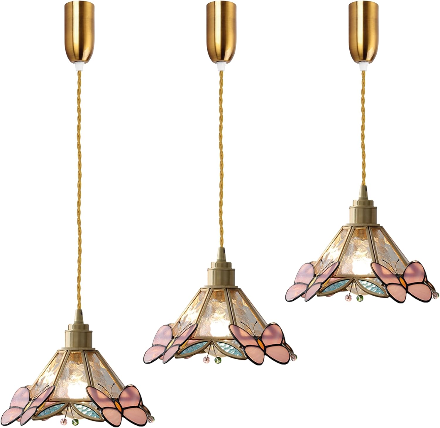 Adjustable Height Halo Track Lighting Pendants, Modern Brass E26 Socket Pink Butterflies Tiffany Glass Cover, 3.2 Ft Cord, H-Type Dimmable Retro Lighting Decorate for Kitchen Island