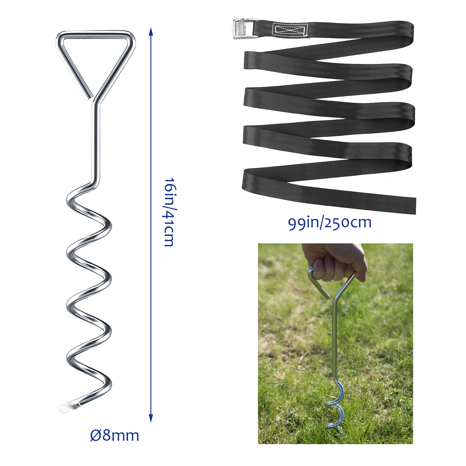Trampolin Erdanker,Trampolin Befestigung Boden Spiral Bodenanker Anker Set mit 4X Spiral Haken zur Sicherung bei Wind Stark Stahl-Schnallen