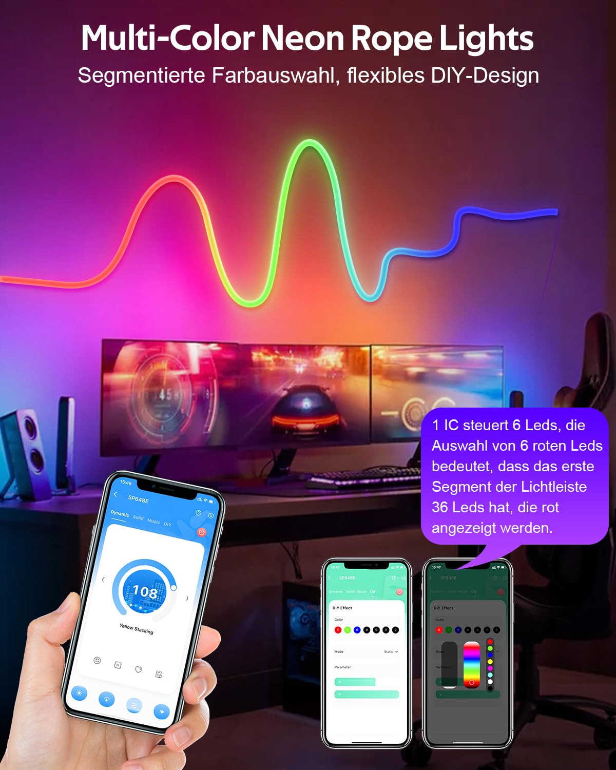 RGBIC Dauerlichtkette 15 M, 30 LEDs – IP67 Wasserdicht, Musik-Sync, 47 Modi – Für Garten, Party, Weihnachten