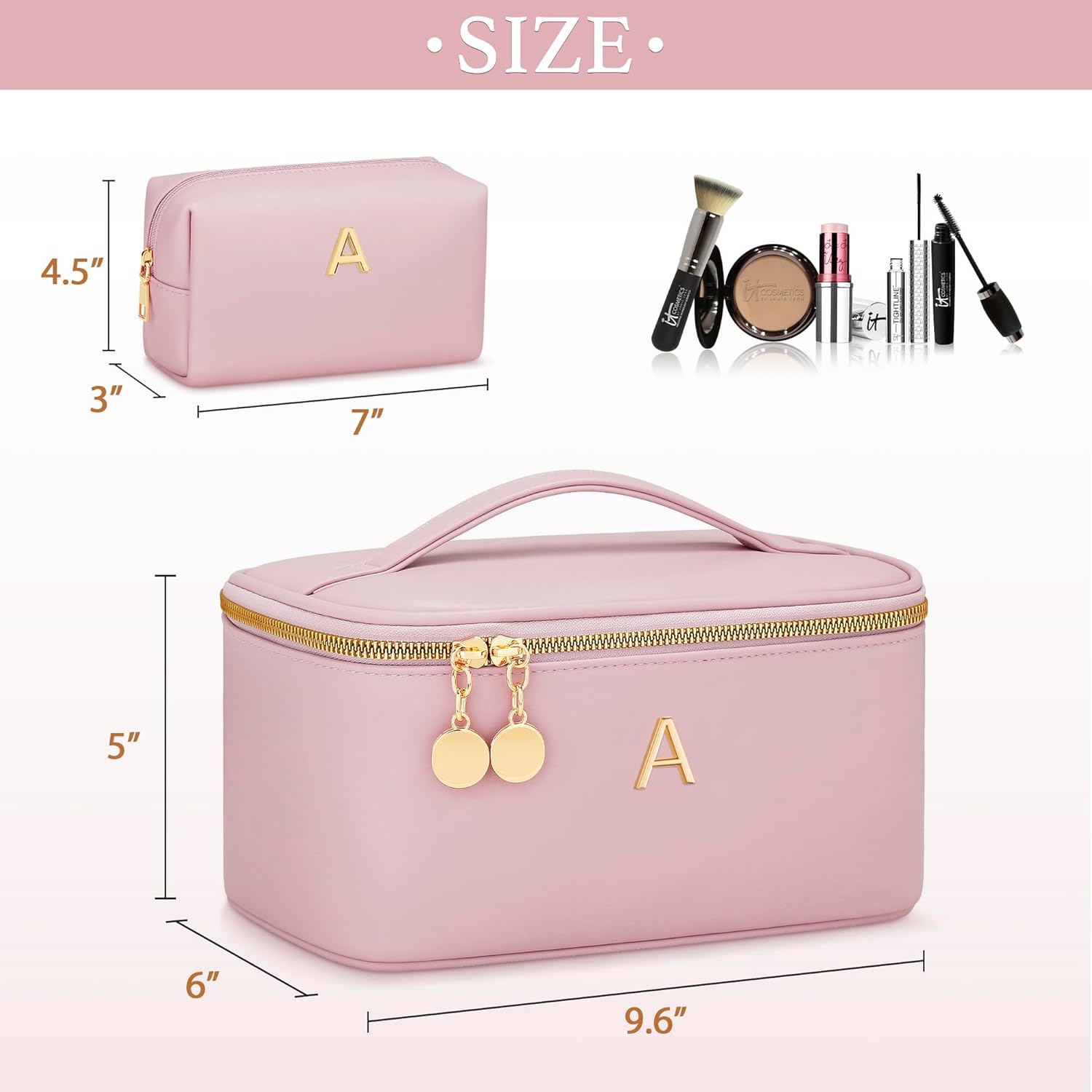 Personalized Initial Makeup Bag Gifts for Women, Large Travel Cosmetic Organizer with Handle & Divider, PU Leather Toiletry Bag for Girls, Birthday Bridesmaid Gift Set - Pink - A