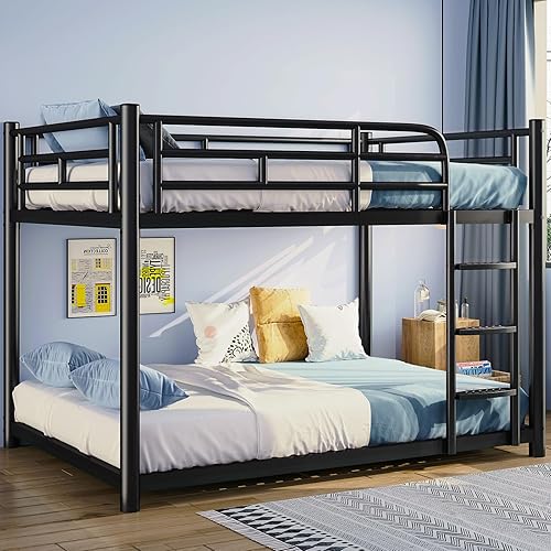 Litera de metal, marco de cama de tamaño matrimonial, litera individual sobre matrimonial con barandilla de seguridad y escalera, literas